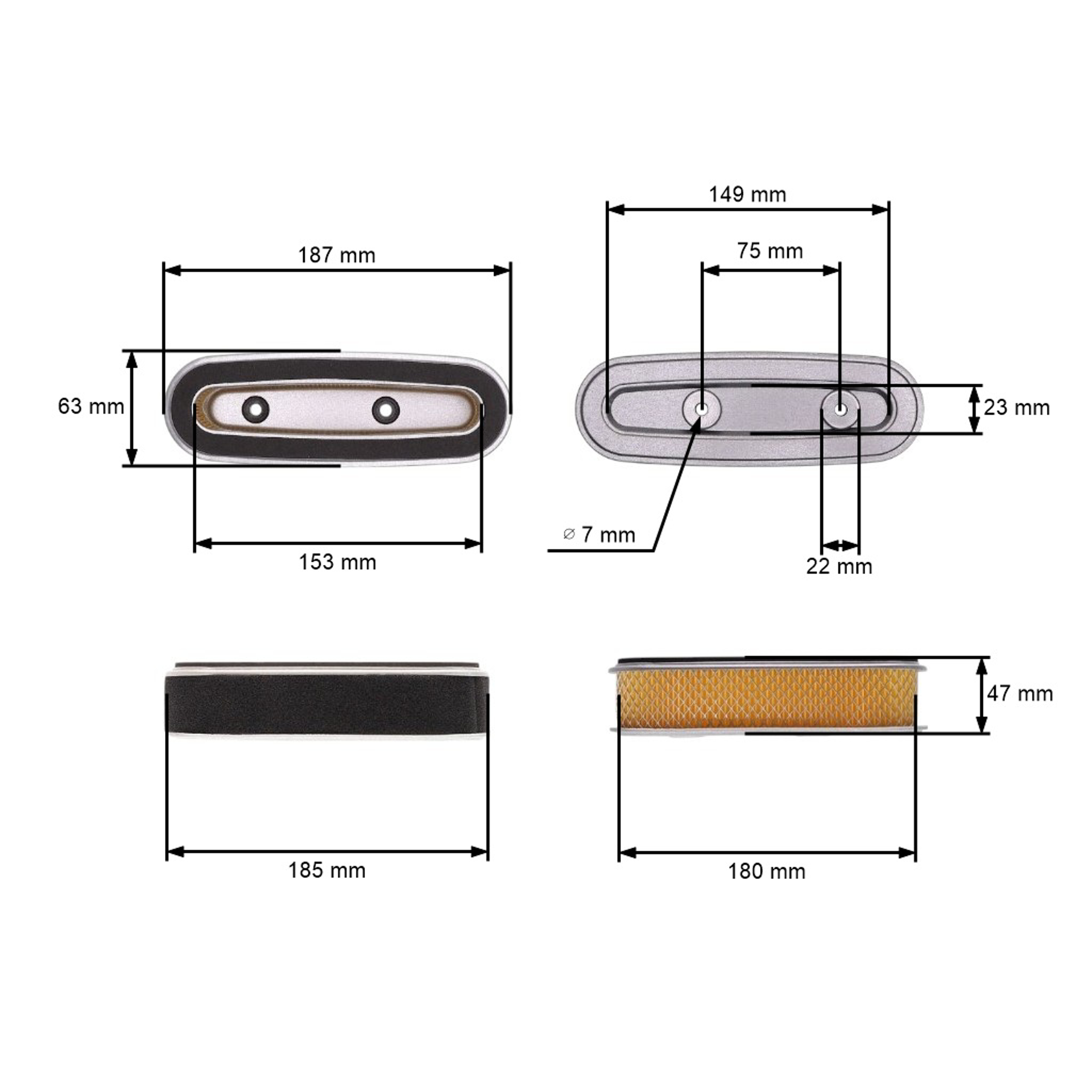 Vzduchový filtr 185 mm x 47 mm pro motory Honda GXV160 HR216 HRU216 HRA216 HRU216D HUT216 HRU19 (OEM 17211-ZE7-W03 17211-ZE7-W01 17211-ZE7-W02)