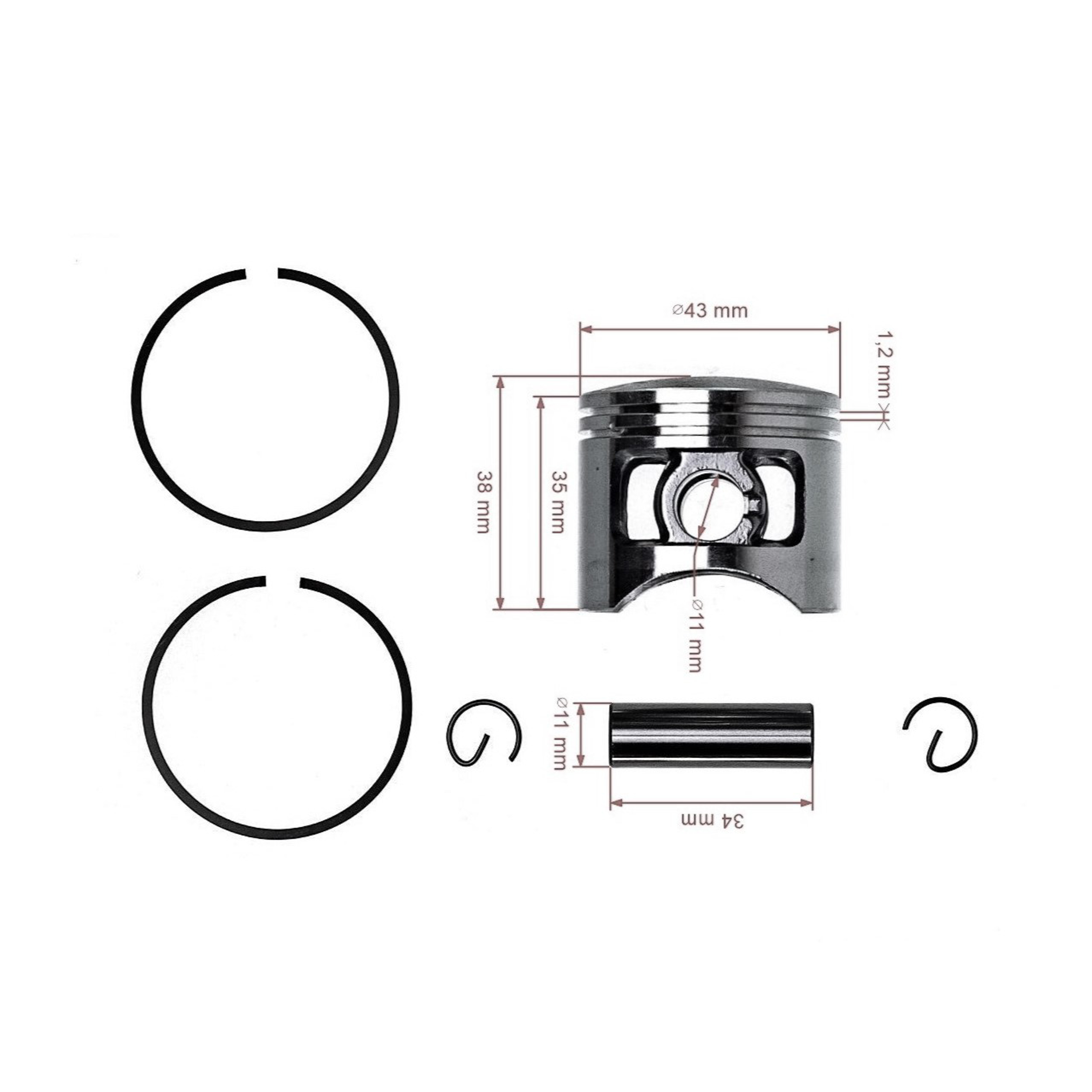 Kompletní píst 43 mm pro Čínské motorové pily a pily z hobbymarketů s obsahem motoru 45 ccm