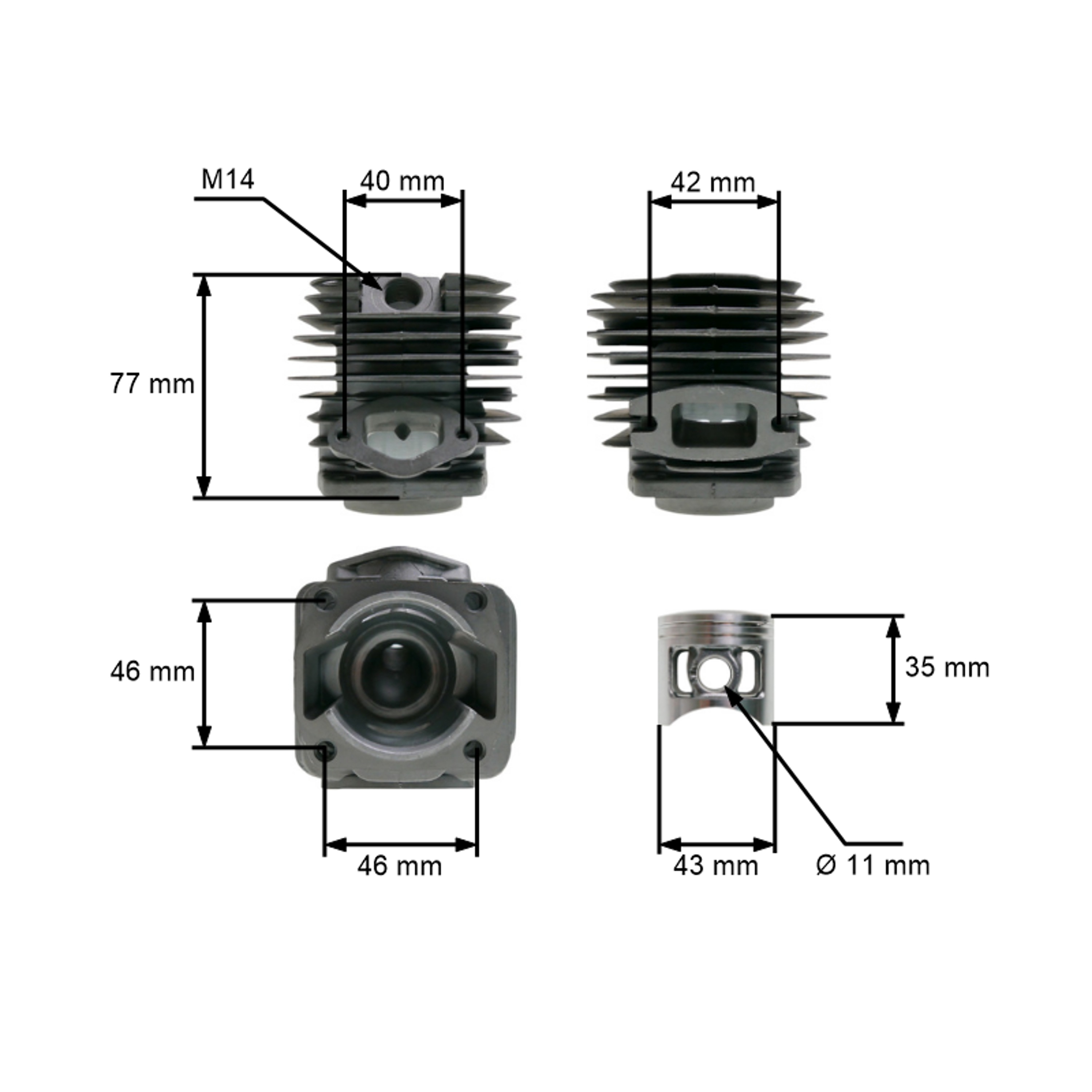 Kompletní válec s pístem 43 mm pro Čínské motorové pily a pily z hobbymarketů s obsahem motoru 45 ccm - 58 ccm