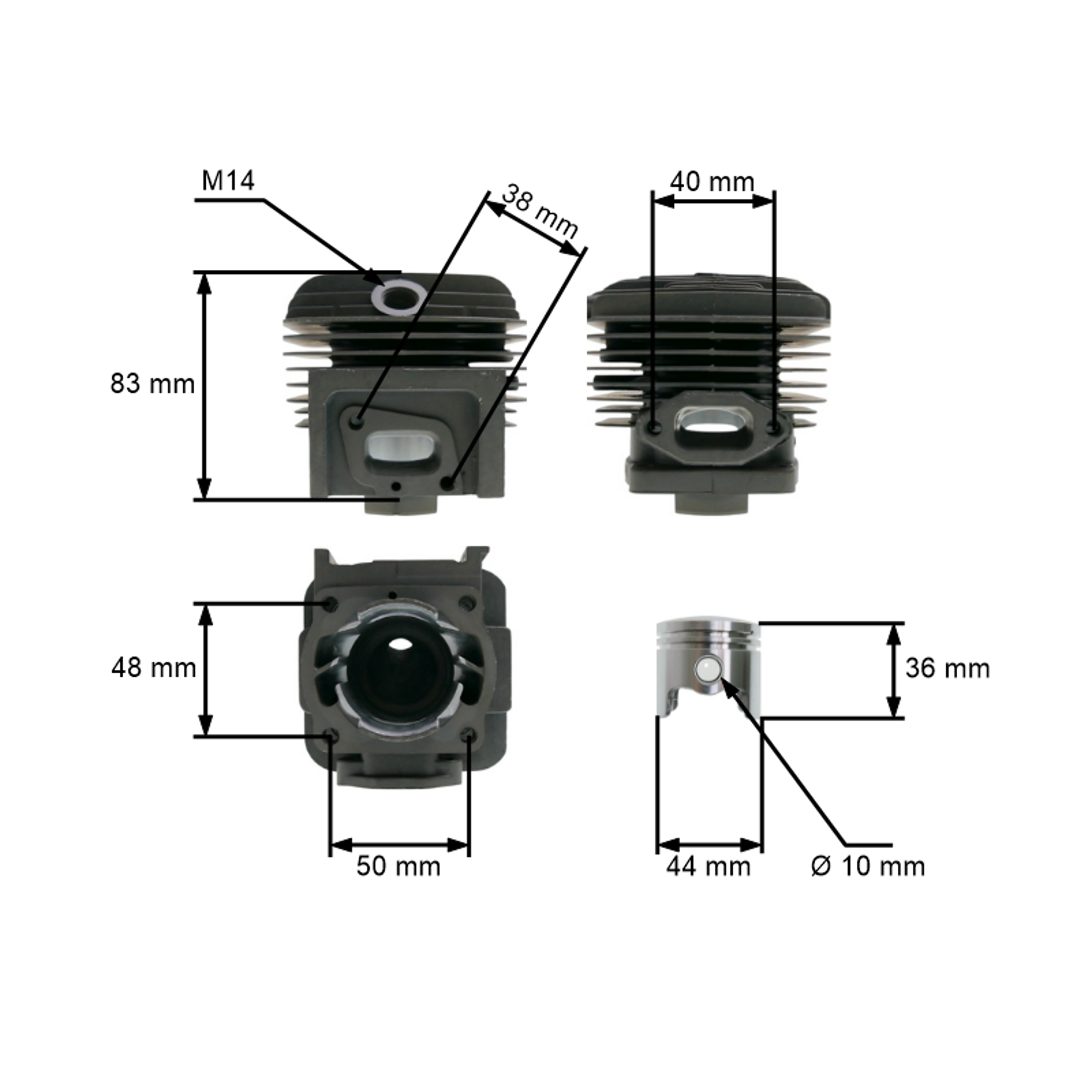 Kompletní válec s pístem 44 mm pro Čínské křovinořezy a křovinořezy z hobbymarketů s obsahem motoru 52 ccm