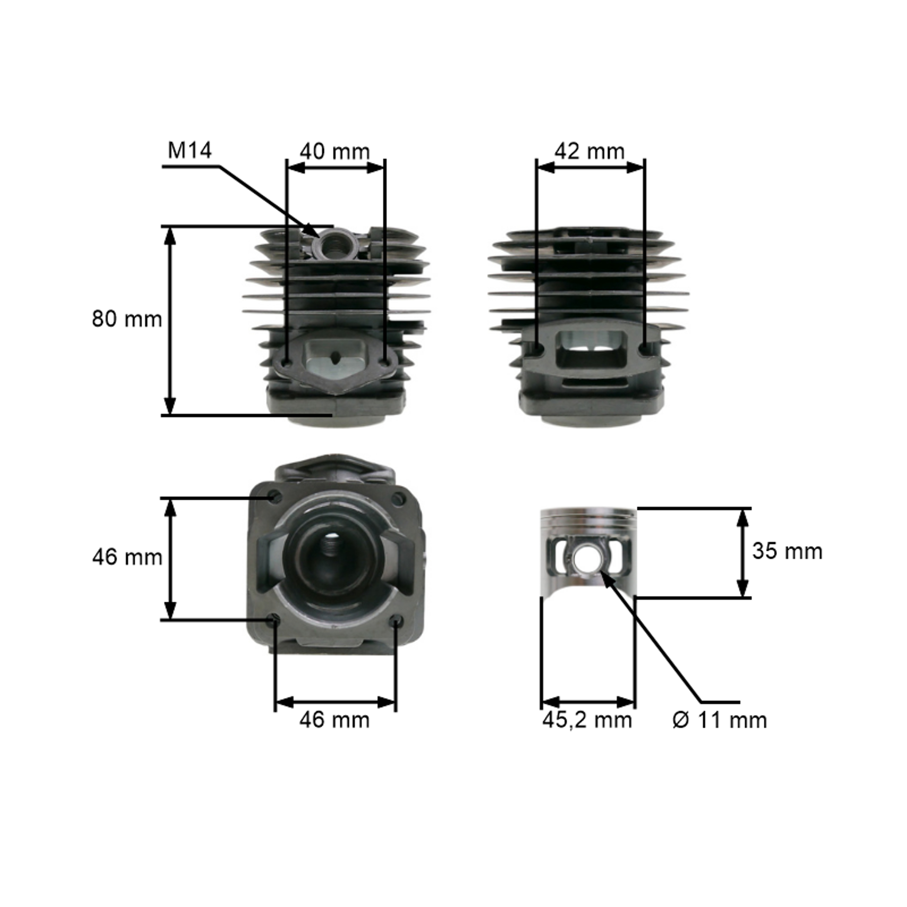 Kompletní válec s pístem 45,2 mm pro Čínské motorové pily a pily z hobbymarketů s obsahem motoru 58 ccm
