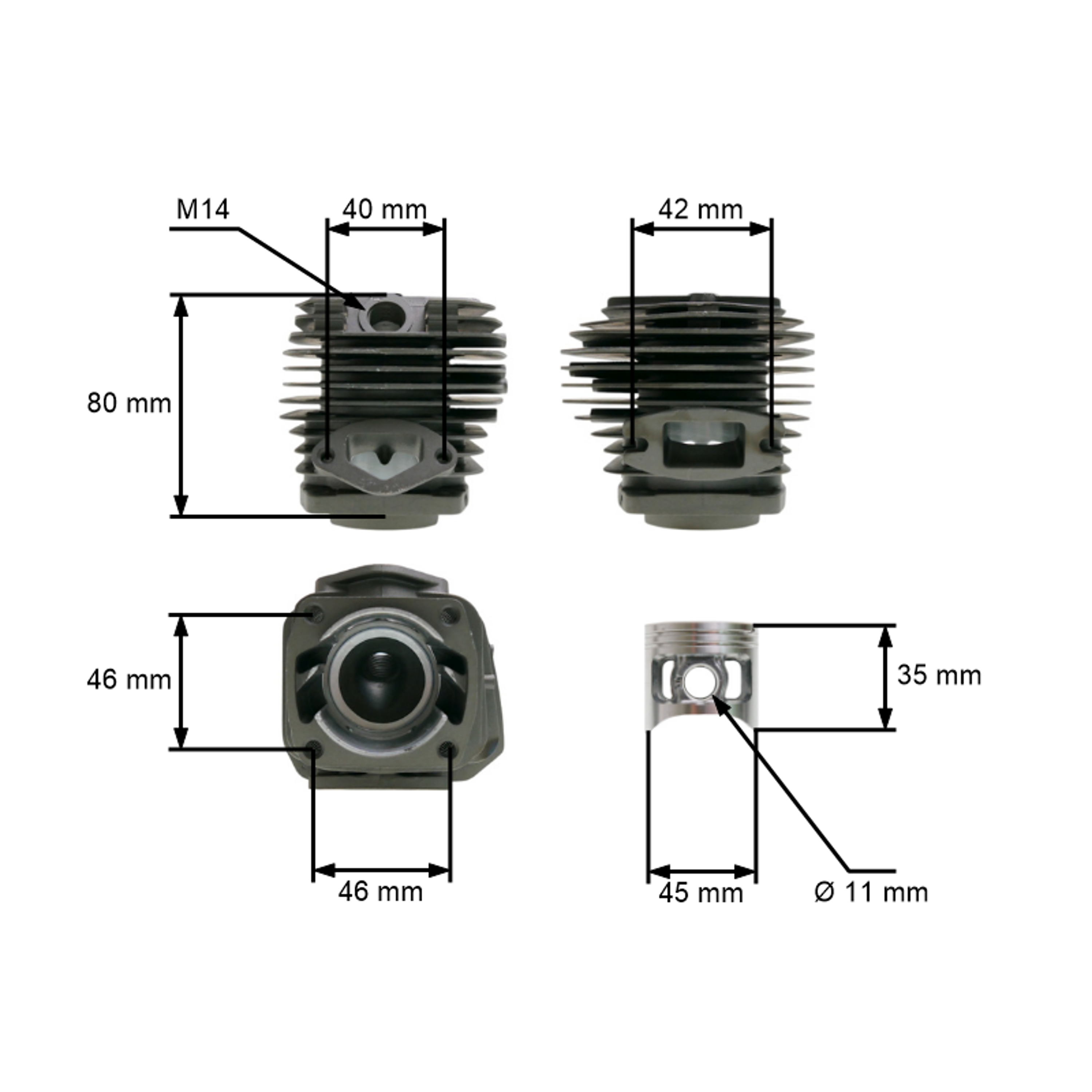 HS PARTS kompletní válec s pístem 45 mm pro Čínské motorové pily a pily z hobbymarketů s obsahem motoru 52 ccm