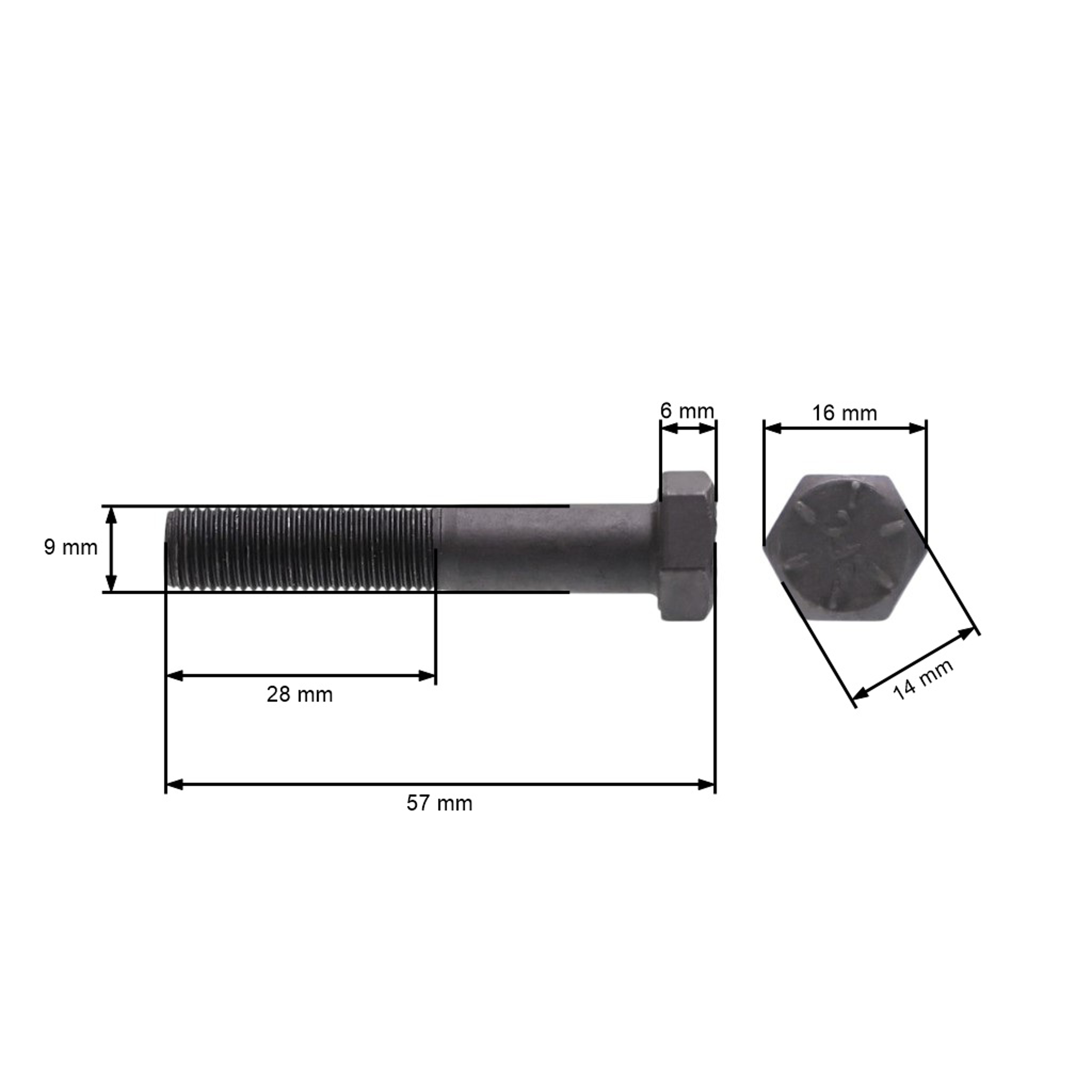 Šroub žacího nože jemný závit UNF 3/8" x 2" pro motorové sekačky a zahradní traktory celková délka 57 mm průměr 9,40 mm