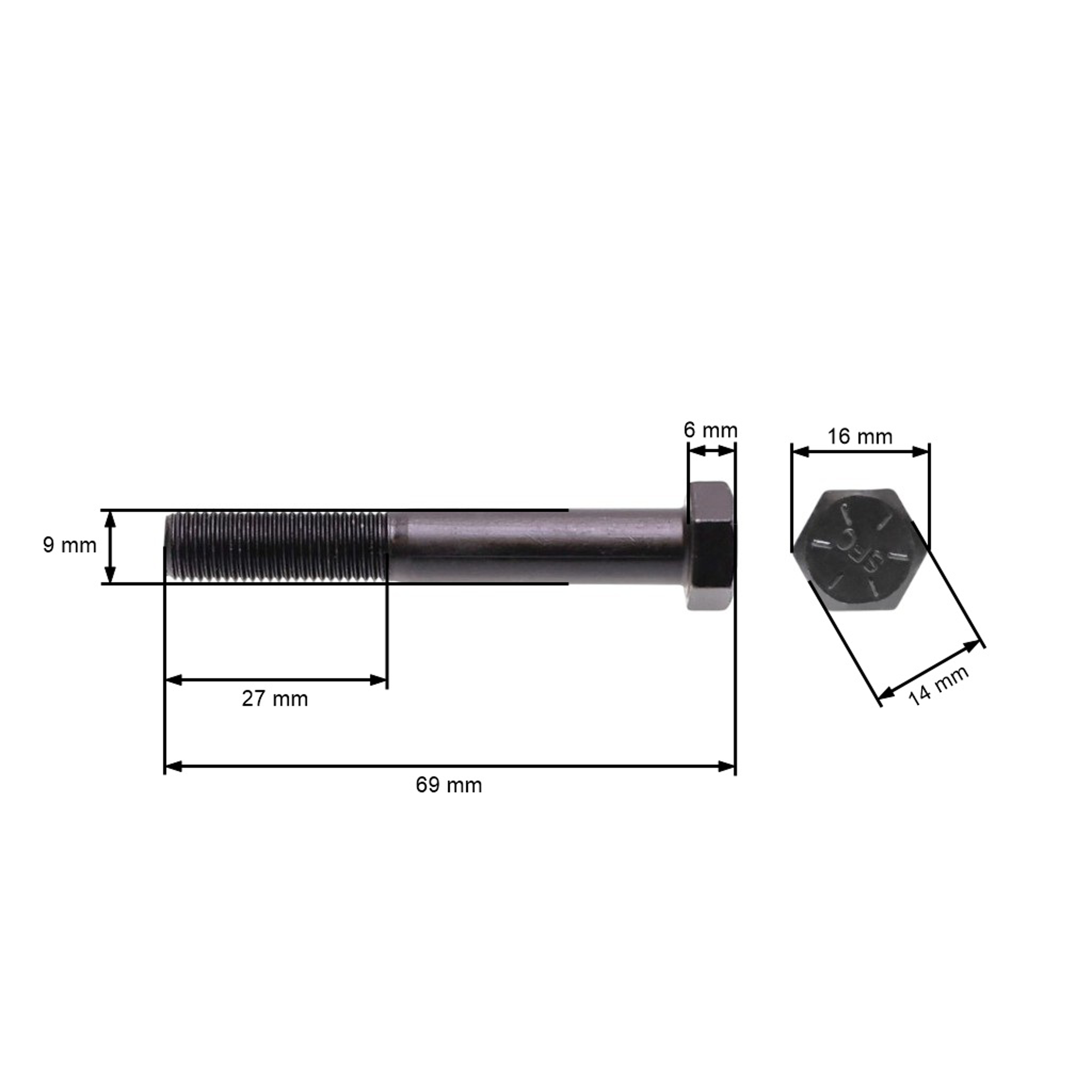Šroub žacího nože jemný závit UNF 3/8" x 2-1/2" pro motorové sekačky a zahradní traktory celková délka 69 mm průměr 9,40 mm