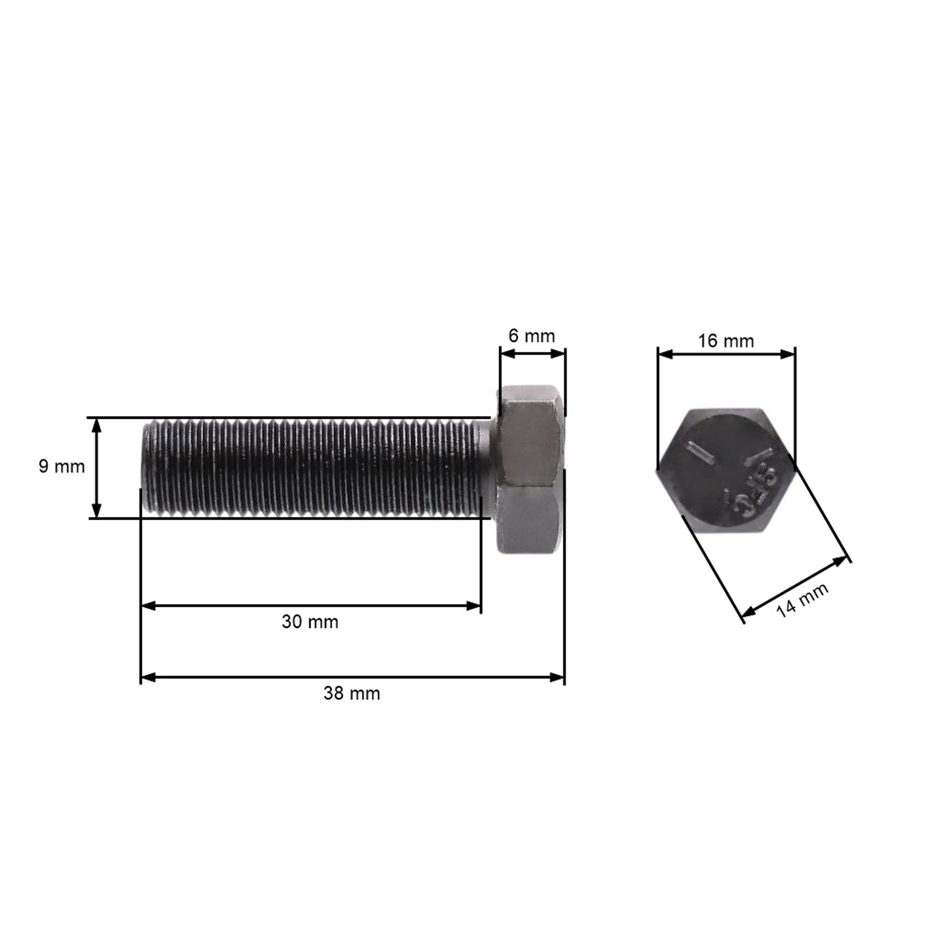 Šroub žacího nože jemný závit UNF 3/8" x 1-1/4" pro motorové sekačky a zahradní traktory celková délka 38 mm průměr 9,40 mm