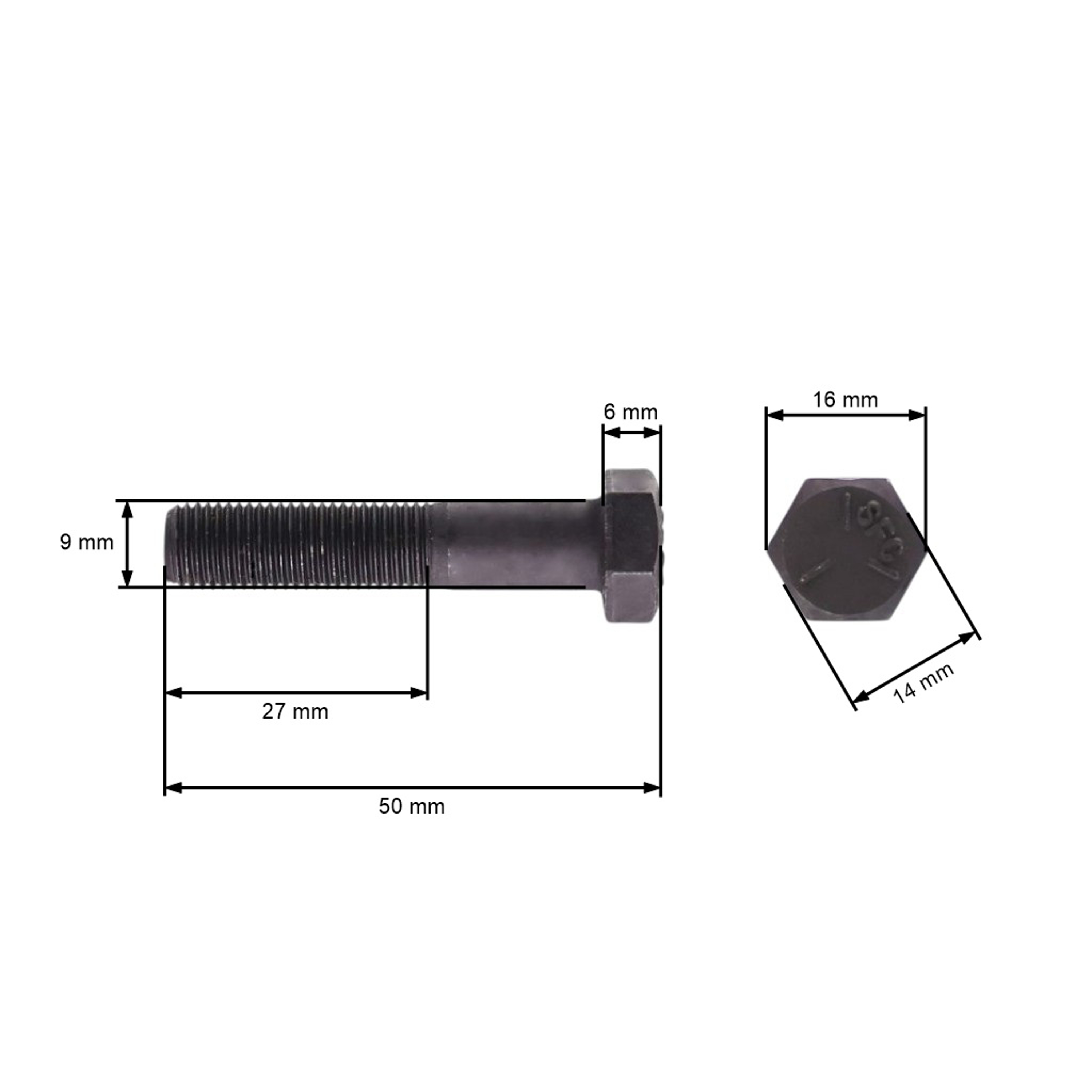 Šroub žacího nože jemný závit UNF 3/8" x 1-3/4" pro motorové sekačky a zahradní traktory celková délka 50 mm průměr 9,40 mm