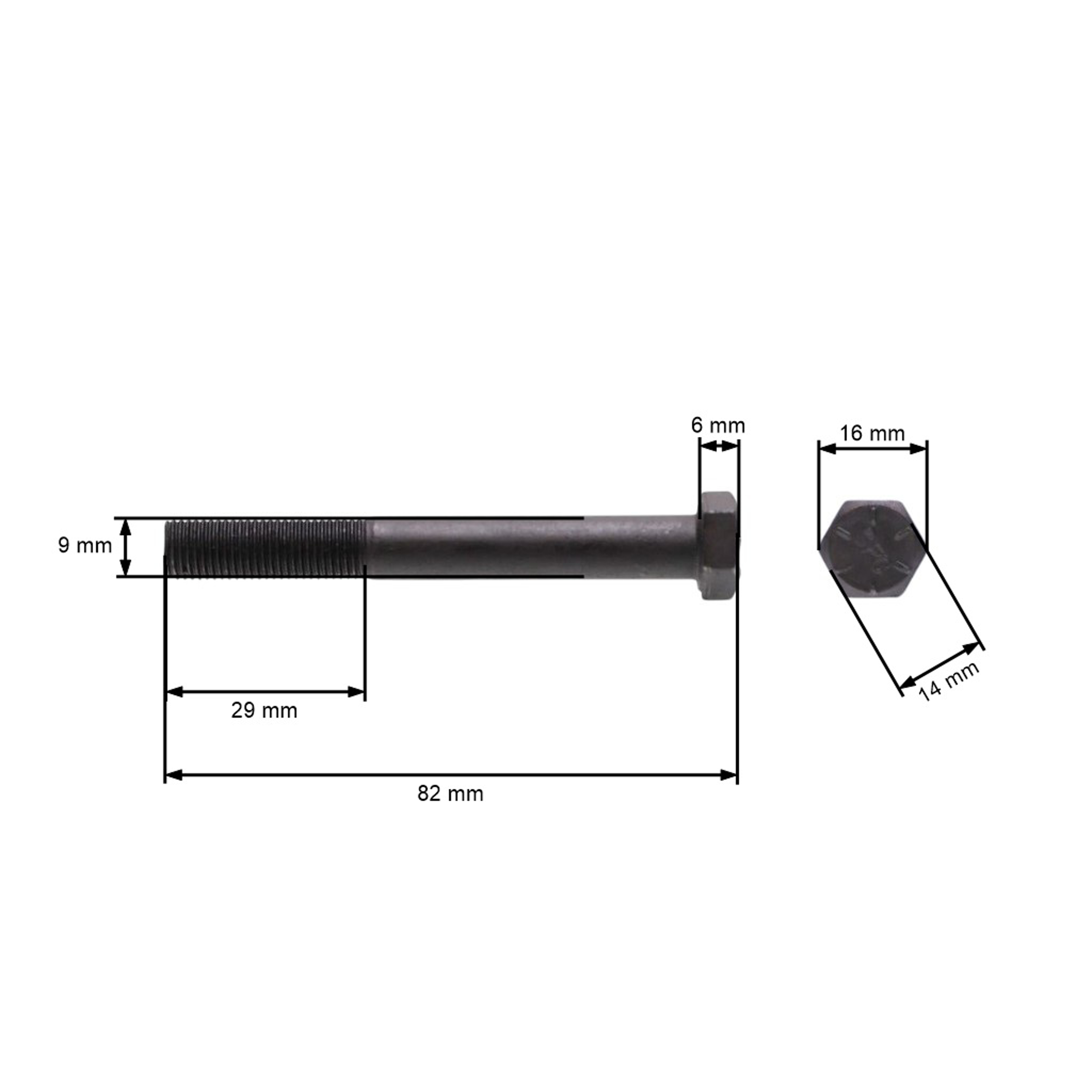 Šroub žacího nože jemný závit UNF 3/8" x 3" pro motorové sekačky a zahradní traktory celková délka 82 mm průměr 9,40 mm