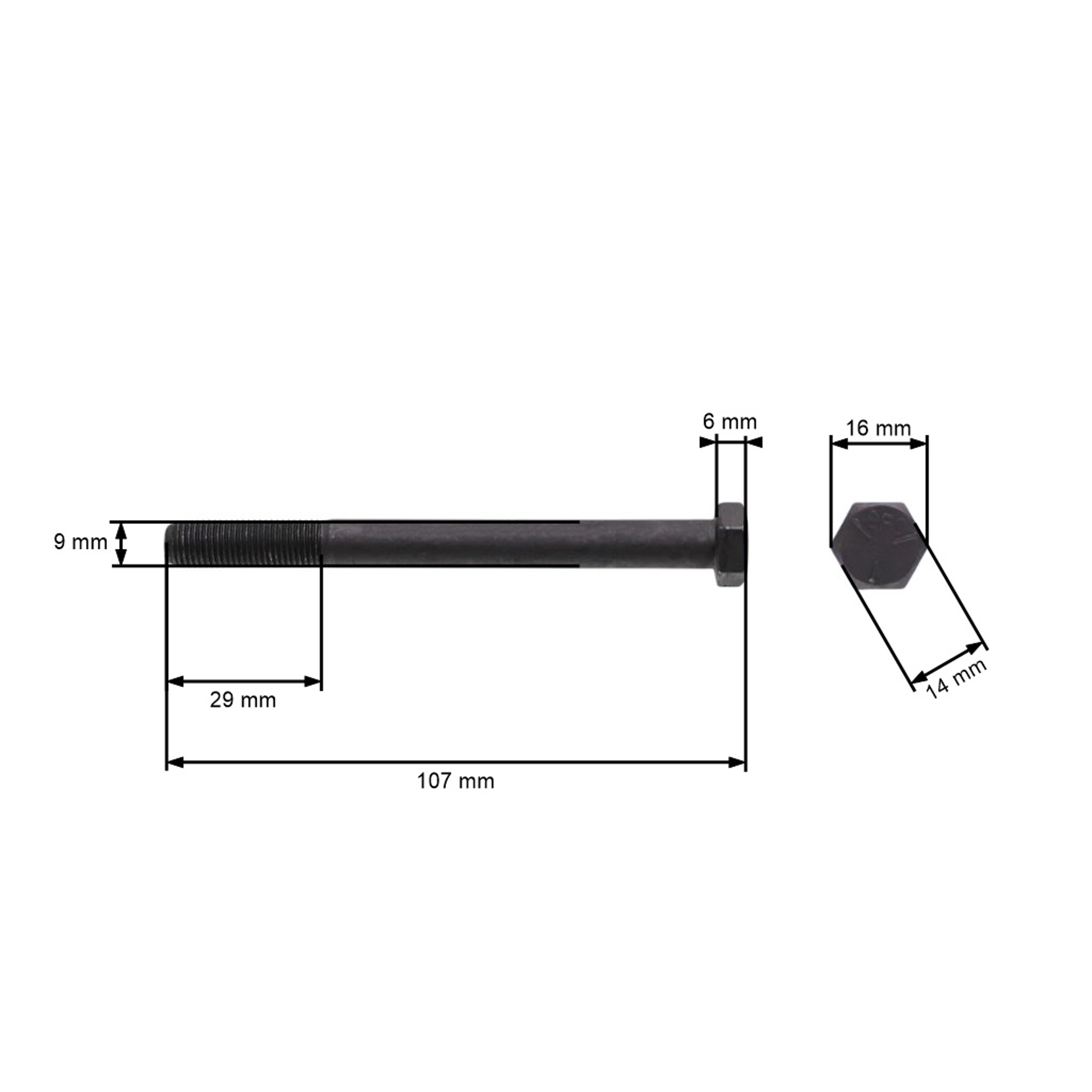Šroub žacího nože jemný závit UNF 3/8" x 4" pro motorové sekačky a zahradní traktory celková délka 107 mm průměr 9,40 mm