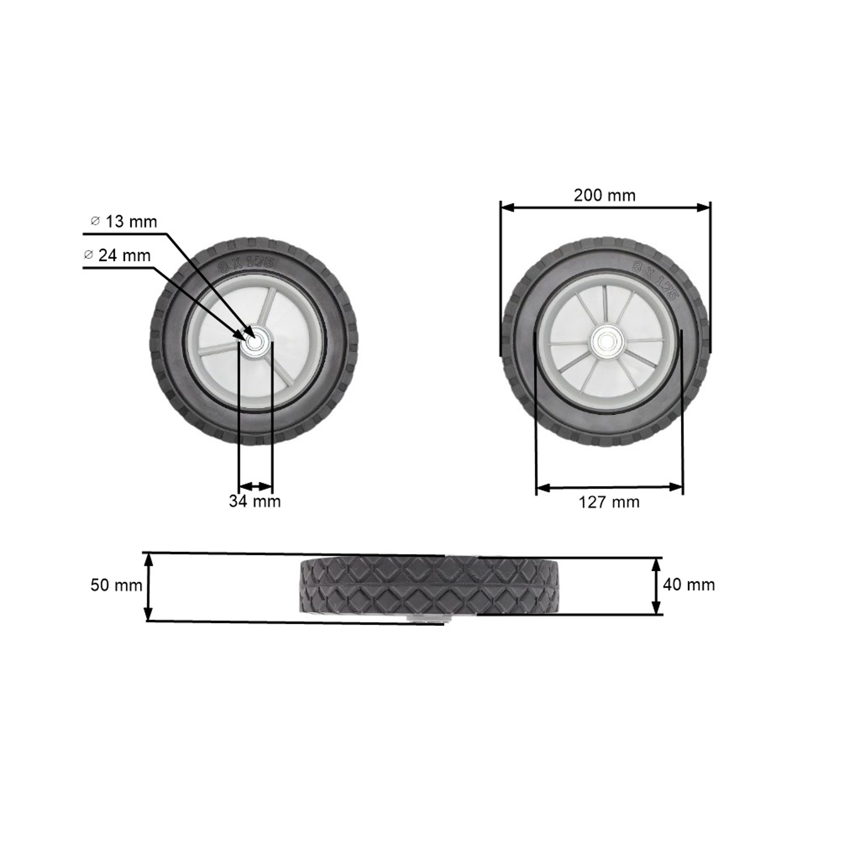 Univerzální plastové kolo s ložiskem pro motorové a elektrické sekačky průměr 200 mm pryžová pneumatika