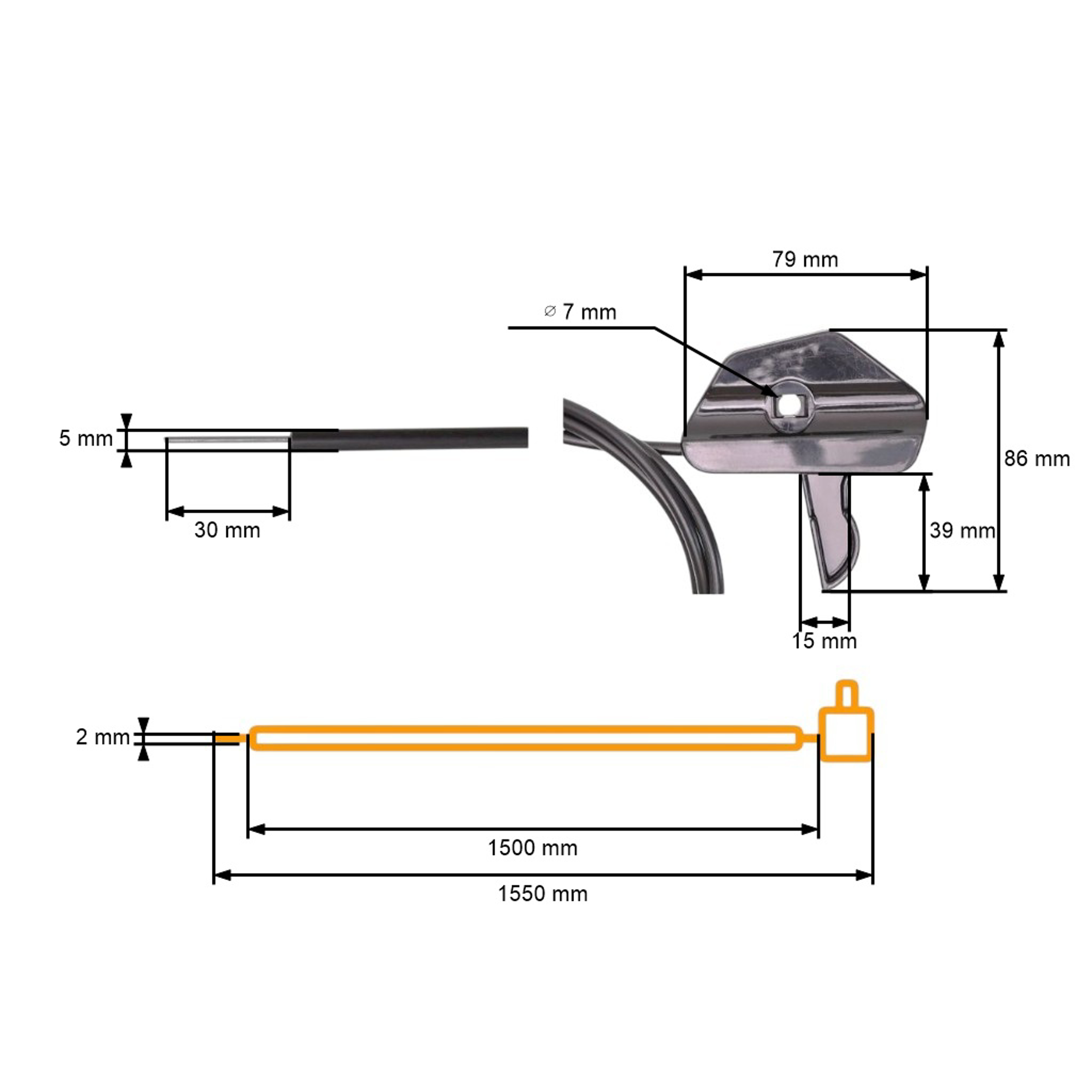 Kompletní univerzální plynové lanko s plastovým ovladačem pro motorové sekačky rozměr 1550 mm x 1500 mm