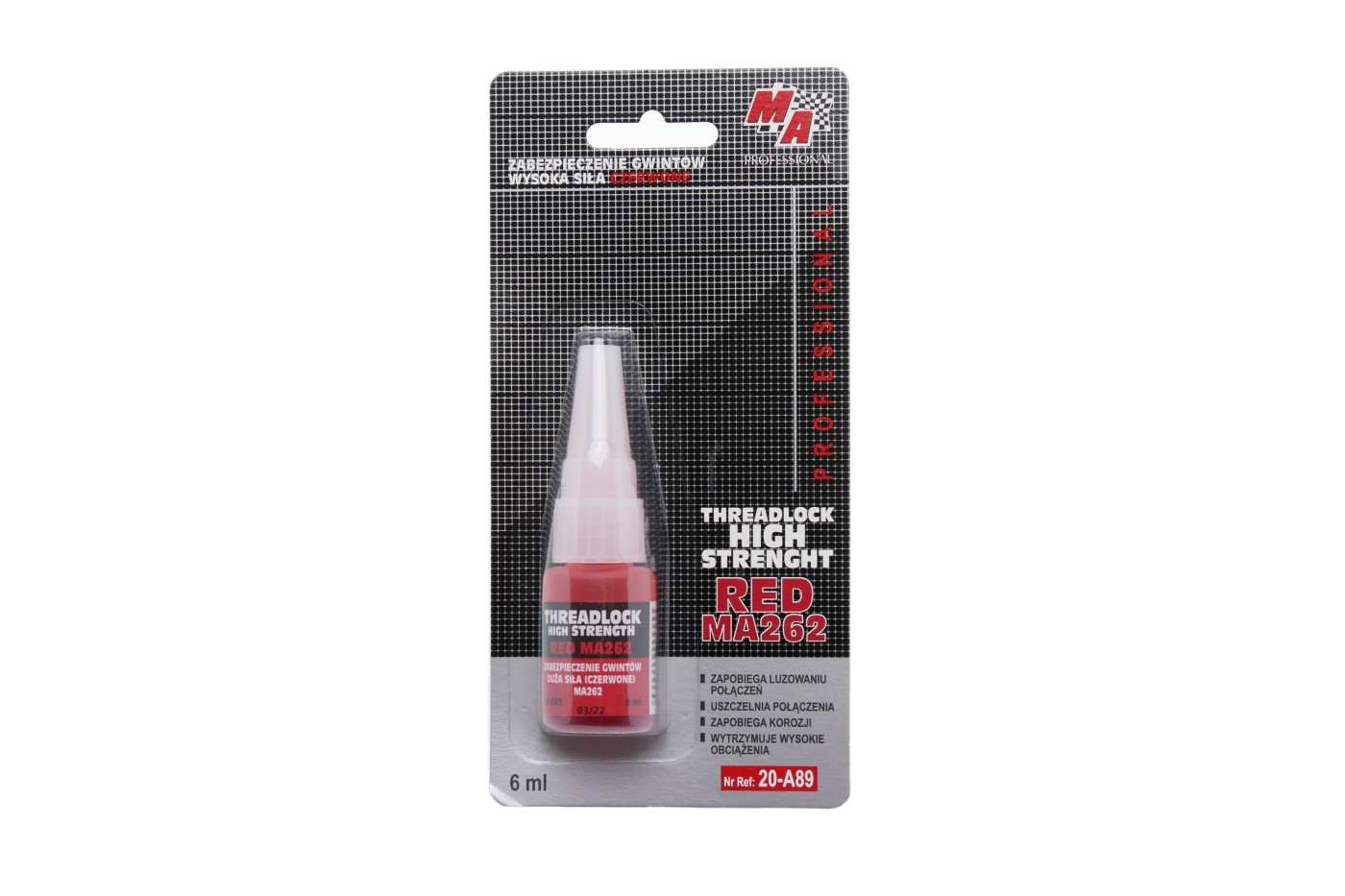 Lepidlo červené na zajištění šroubů vysoká pevnost MA PROFESSIONAL 6 ml