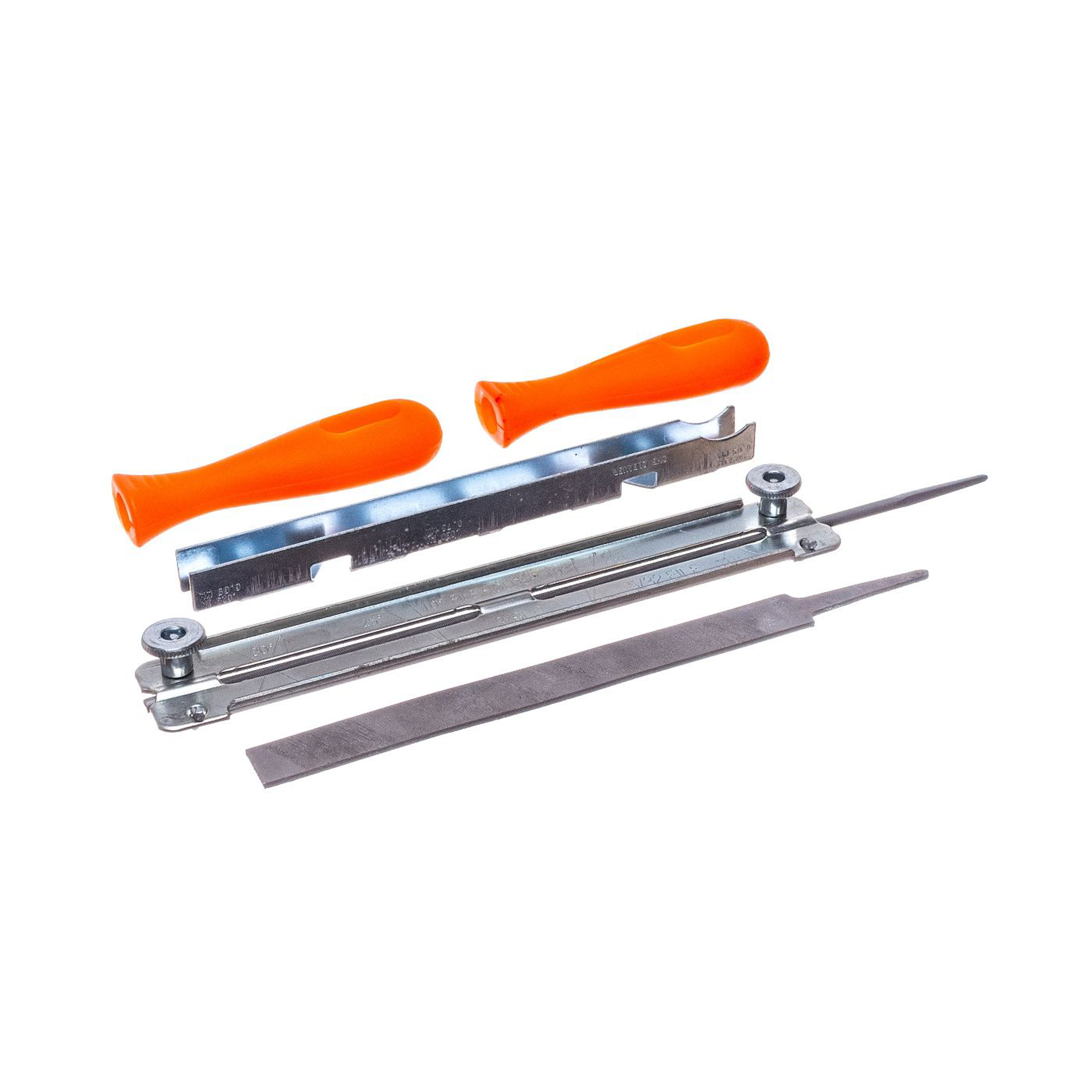Set na broušení pilových řetězů obsahuje kulatý pilník průměr 4,0 mm + plochý pilník + 2 rukojeti + omezovač patek se šablonou na úhly