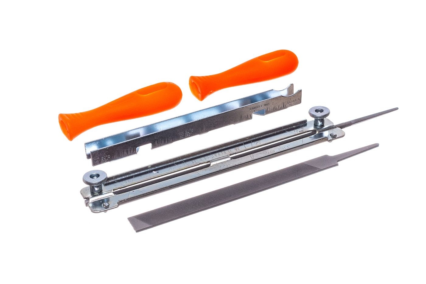 Set na broušení pilových řetězů obsahuje kulatý pilník průměr 4,8 mm + plochý pilník + 2 rukojeti + omezovač patek se šablonou na úhly