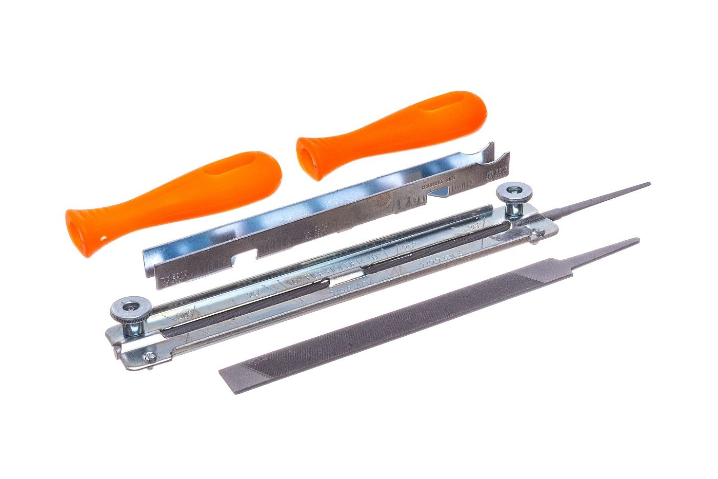 Set na broušení pilových řetězů obsahuje kulatý pilník průměr 5,5 mm + plochý pilník + 2 rukojeti + omezovač patek se šablonou na úhly