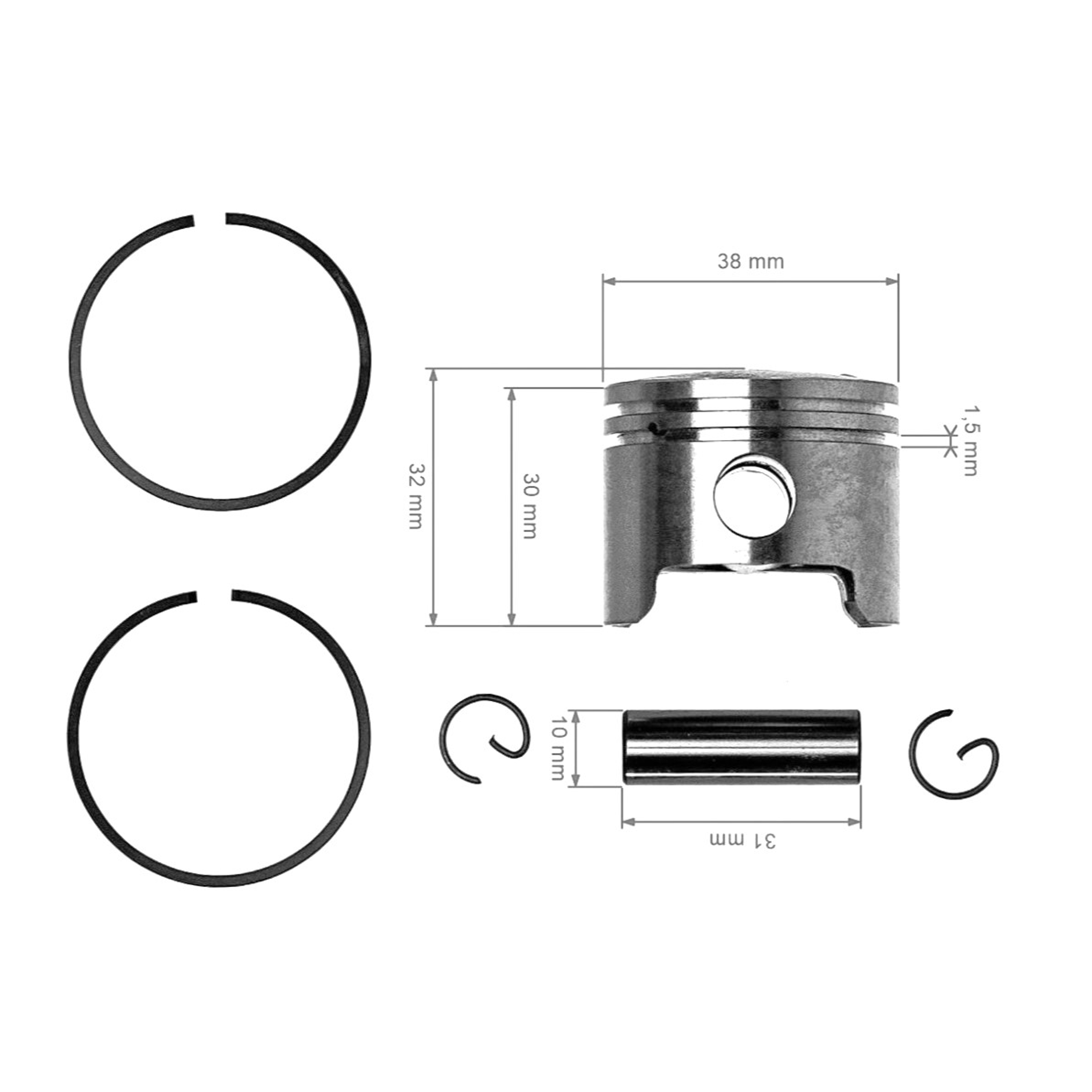 Kompletní píst pro křovinořezy Husqvarna 125RB 125RD 132R 132RB 132RJ 133R Jonsered GC2032 38 mm (OEM 531007839 531002376)