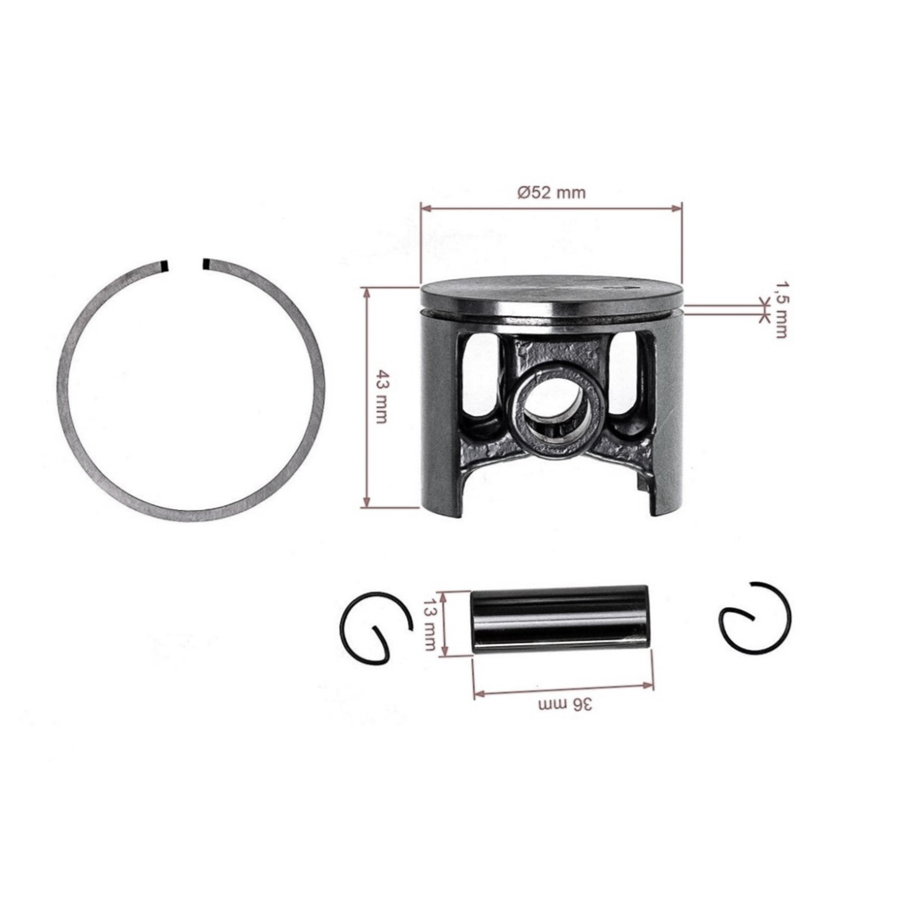 Kompletní píst pro motorové pily Husqvarna 181 281 281 XP 288 52 mm (OEM 503502702 544224002)