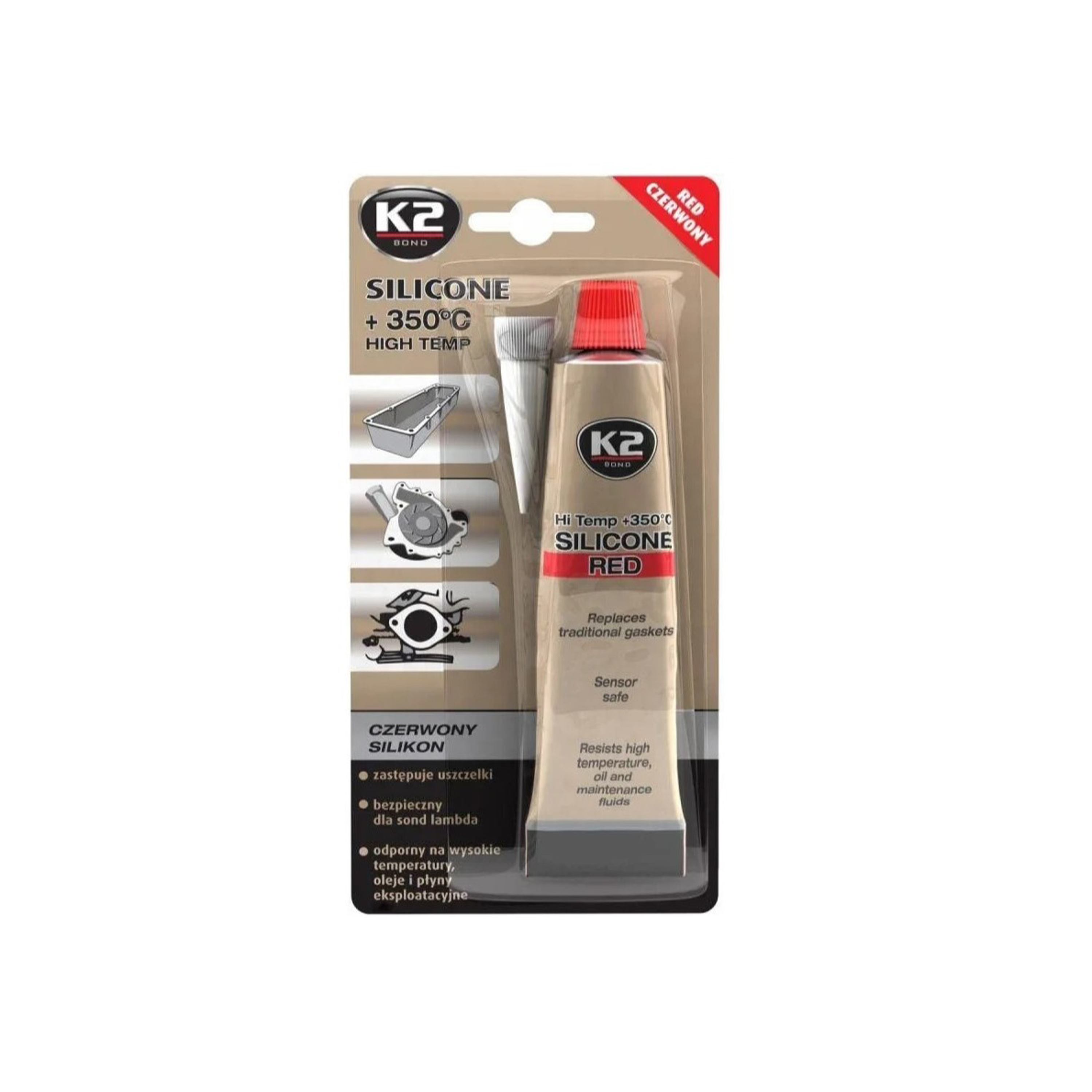K2 Silikon pro utěsnění motorů červený vhodný do +350 °C 85g pro Stihl 017 018 MS180 MS181 MS250 MS280 Husqvarna 136 137 141 435 Partner 351 371 391 420
