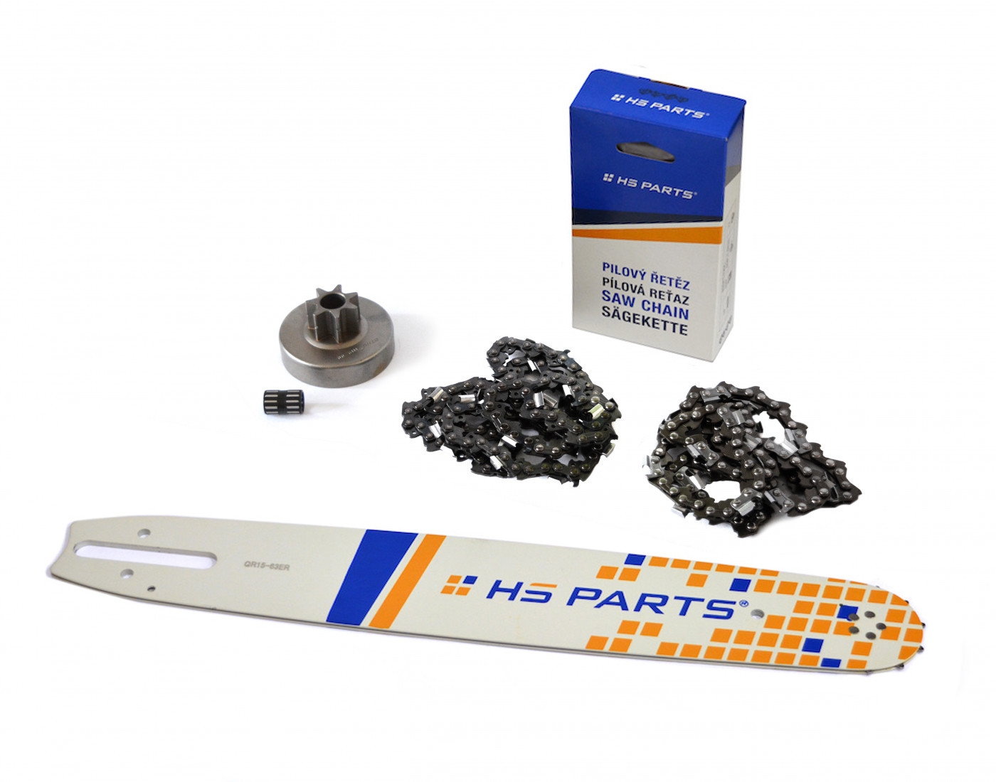 HS PARTS vodící lišta 15" (38cm) 3/8" .063" (1,6mm) + 2 x řetěz 56 článků hranatý zub + řetězka pro Stihl 038 MS380 MS381