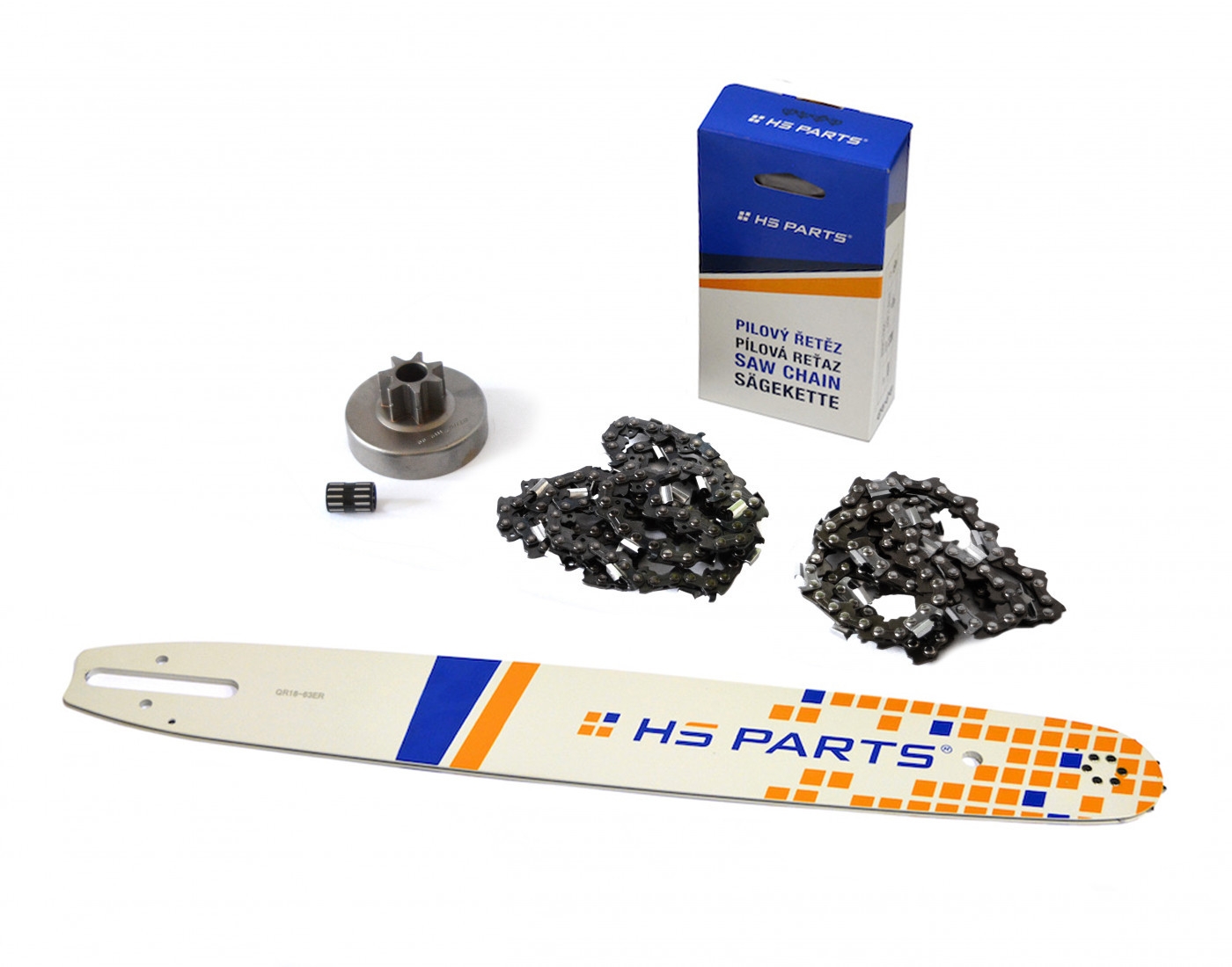 HS PARTS vodící lišta 18" (45cm) 3/8" .063" (1,6mm) + 2 x řetěz 66 článků hranatý zub + řetězka pro Stihl 038 MS380