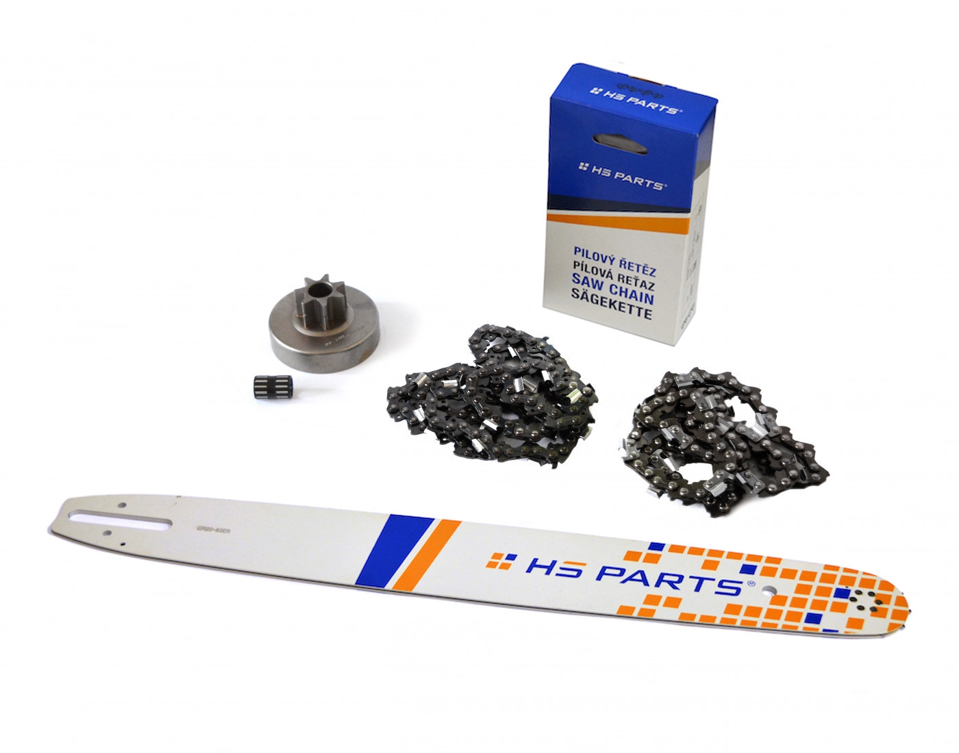 HS PARTS vodící lišta 20" (50cm) 3/8" .063" (1,6mm) + 2 x řetěz 72 článků hranatý zub + řetězka pro Stihl 038 MS380