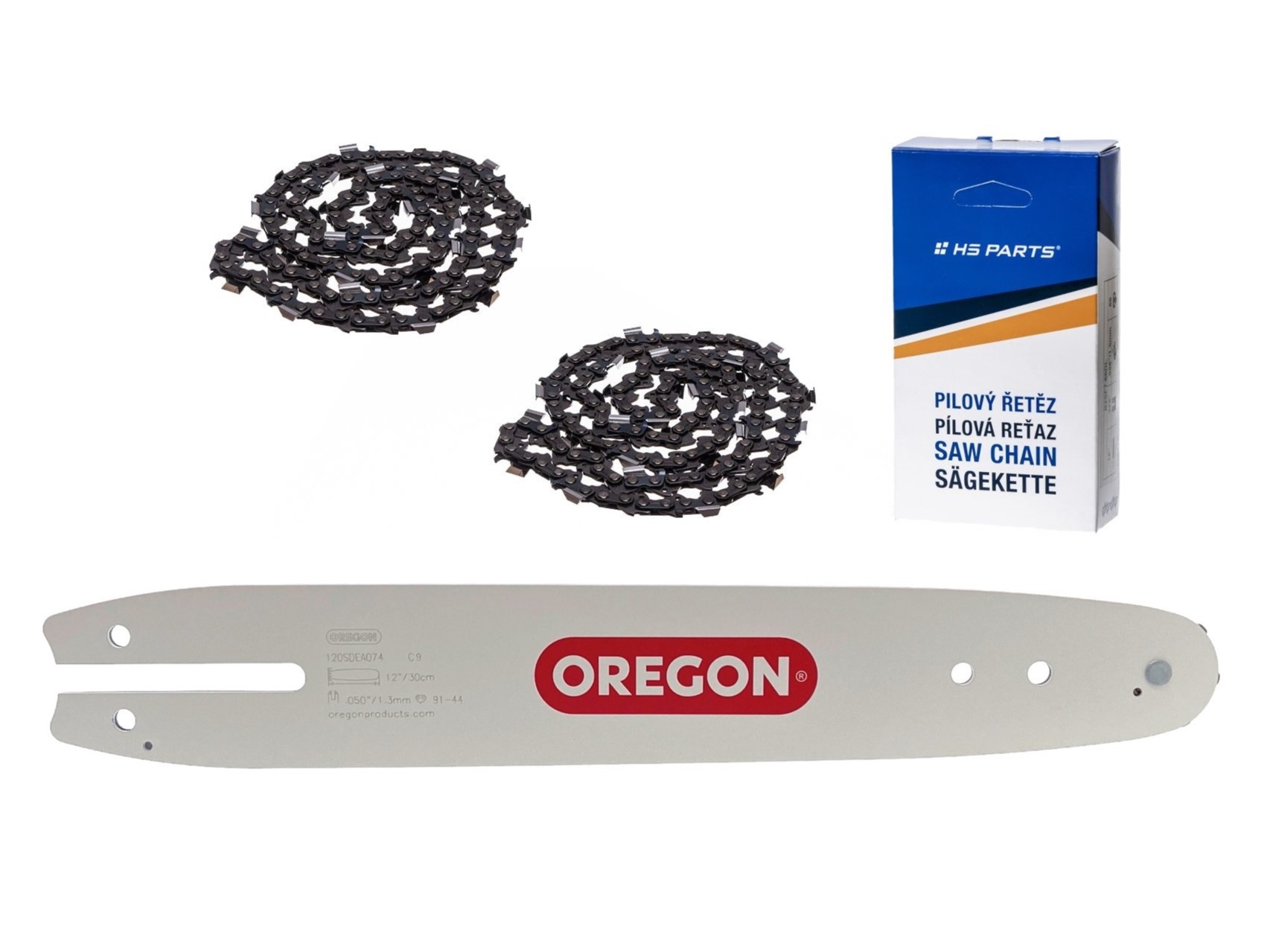 Oregon vodící lišta 120SDEA074 12" (30 cm) 3/8" .050" (1,3 mm) + 2 x HS PARTS pilový řetěz 44 článků hranatý zub pro Stihl 009 010 011 017 018 019 020 021 023 025 MS160 MS170 MS180 MS192 MS210 MS250 MS231 MS241