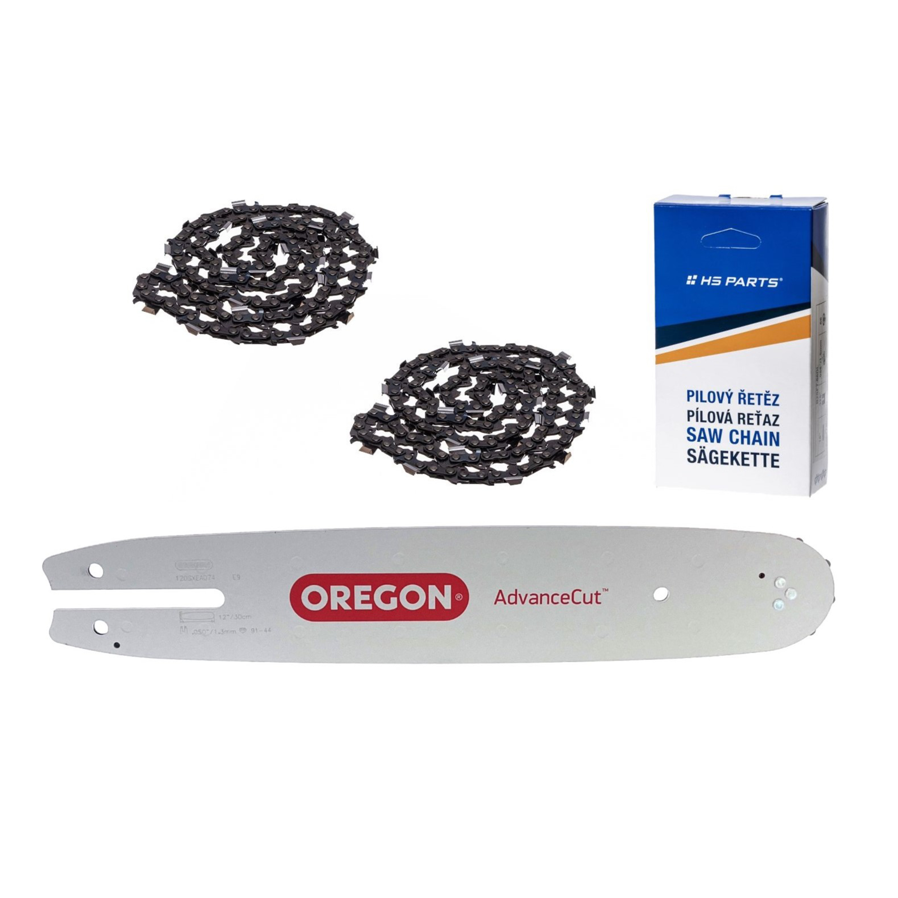 Oregon vodící lišta 120SXEA074 12" (30 cm) 3/8" .050" (1,3 mm) + 2 x HS PARTS pilový řetěz 44 článků hranatý zub pro Stihl 009 010 011 017 018 019 020 021 023 025 MS160 MS170 MS180 MS192 MS210 MS250 MS231 MS241