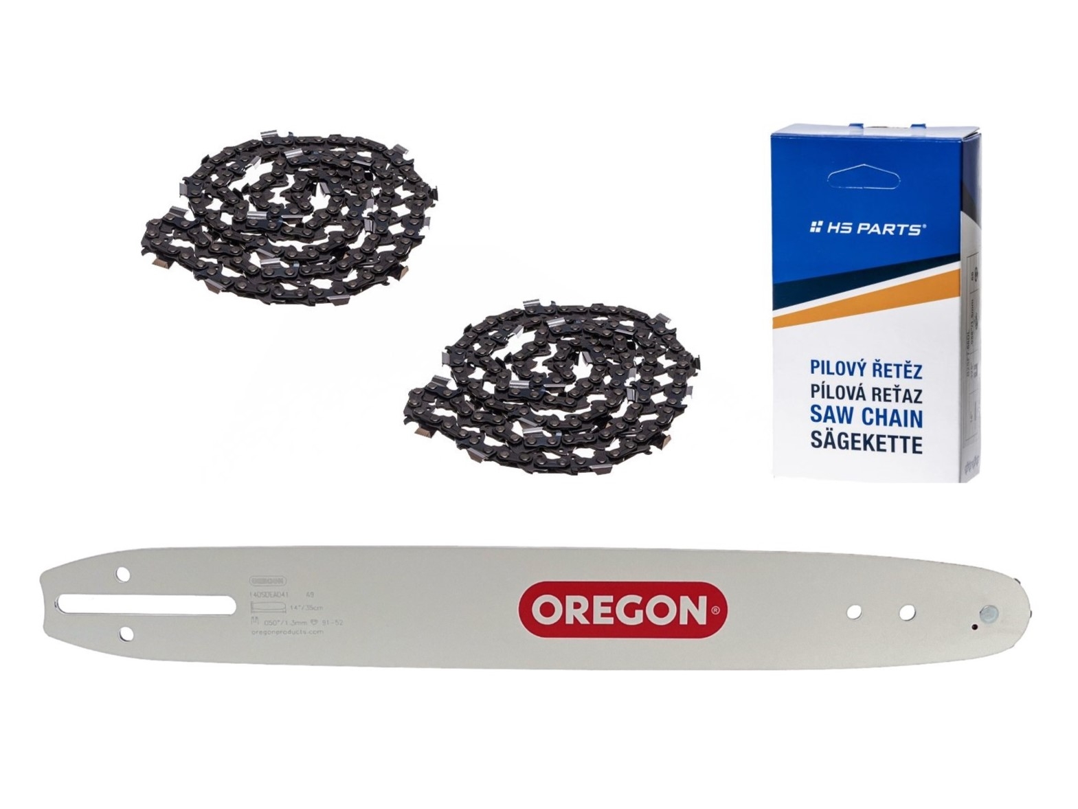 Oregon vodící lišta 140SDEA041 14" (35 cm) 3/8" .050" (1,3 mm) + 2 x HS PARTS pilový řetěz 52 článků hranatý zub pro Partner 350 351 370 P420 Husqvarna T425 E16 E316 E321 Dolmar PS330 PS33 PS34 ES152 Homelite 3300 CS40 Solo 613