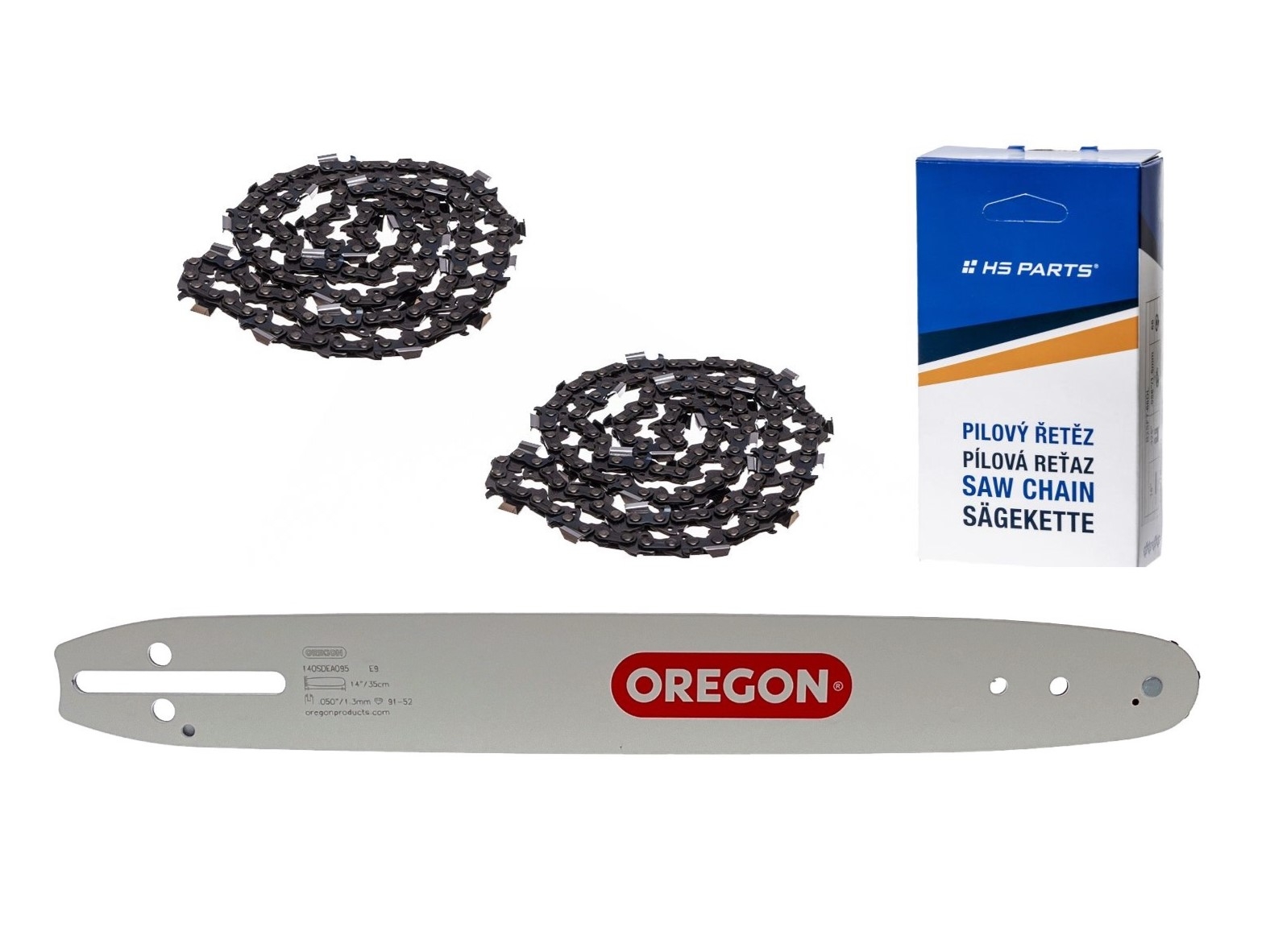 Oregon vodící lišta 140SDEA095 14" (35 cm) 3/8" .050" (1,3 mm) + 2 x HS PARTS pilový řetěz 52 článků hranatý zub pro Husqvarna 36 41 136 137 141 236 240 T435 335XPT 333 334 Jonsered 2035 2115 2117 2138 CS2234 CS2236T Solo 614 630 633 636