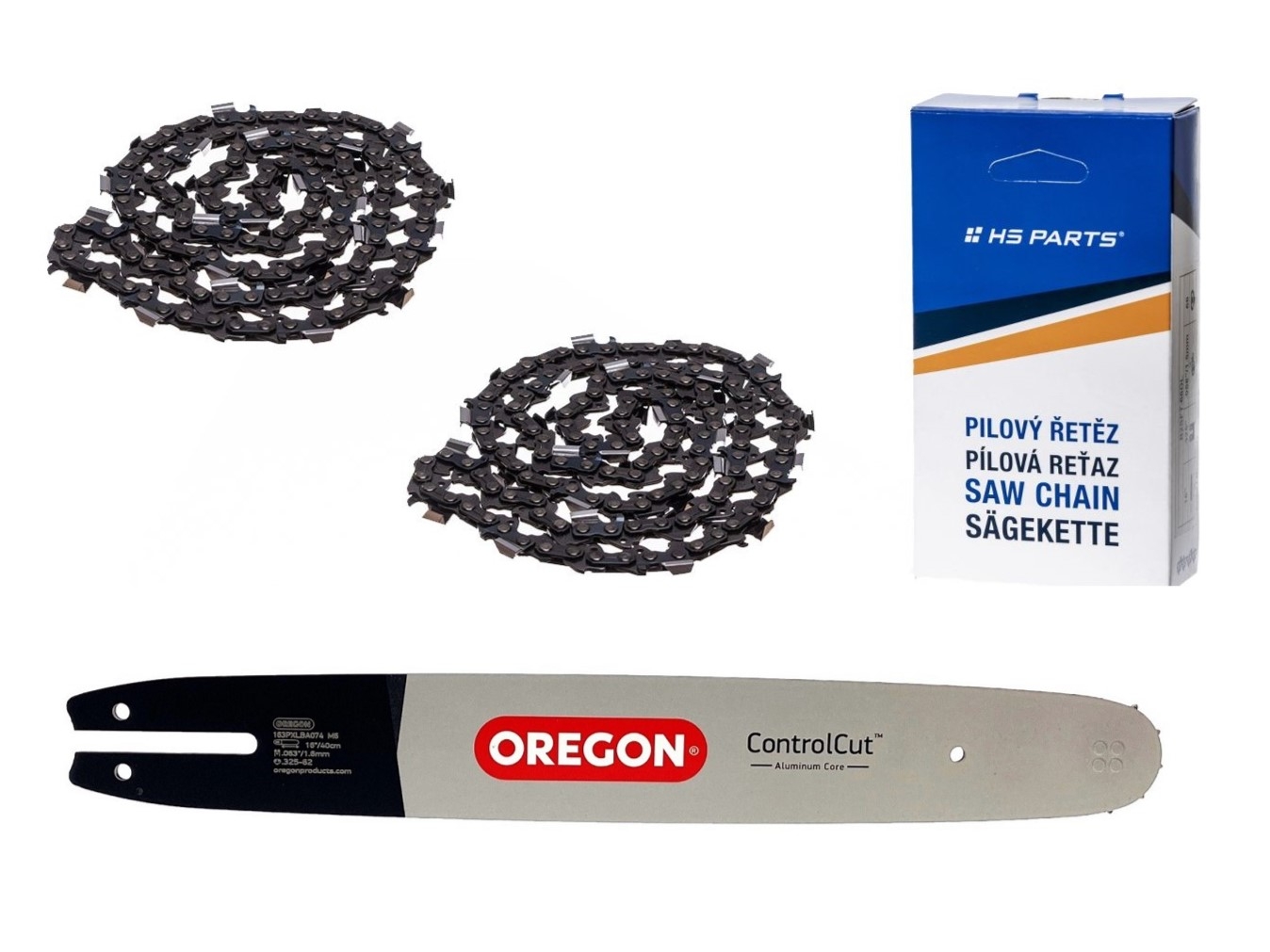 Oregon vodící lišta 163PXLBA074 16" (40 cm) .325" .063" (1,6 mm) + 2 x HS PARTS pilový řetěz 62 článků hranatý zub pro Stihl 012 021 023 025 MS210 MS230 MS250 MS251