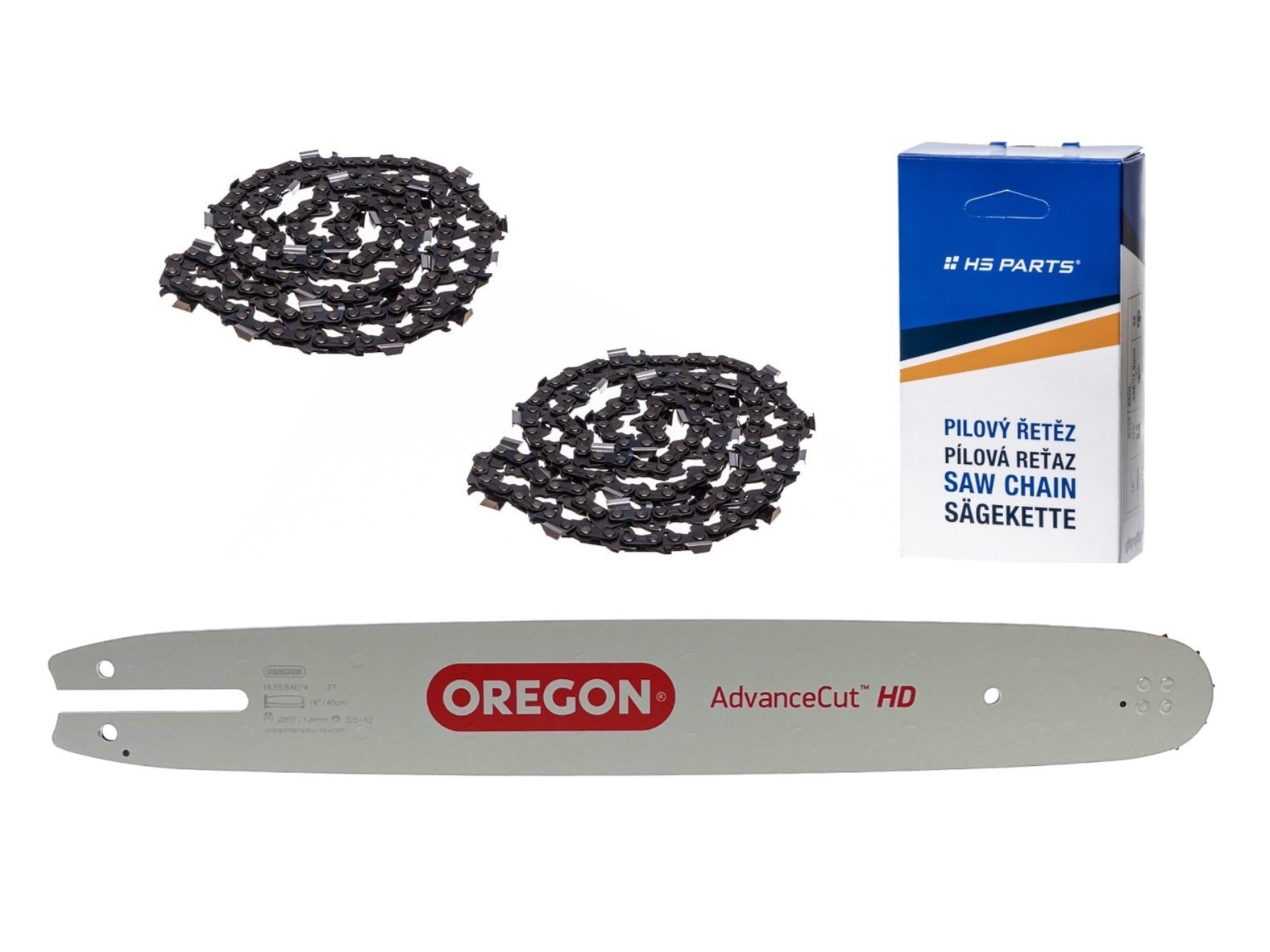Oregon vodící lišta 163SLBA074 16" (40 cm) .325" .063" (1,6 mm) + 2 x HS PARTS pilový řetěz 62 článků hranatý zub pro Stihl 012 021 023 025 MS210 MS230 MS250 MS251