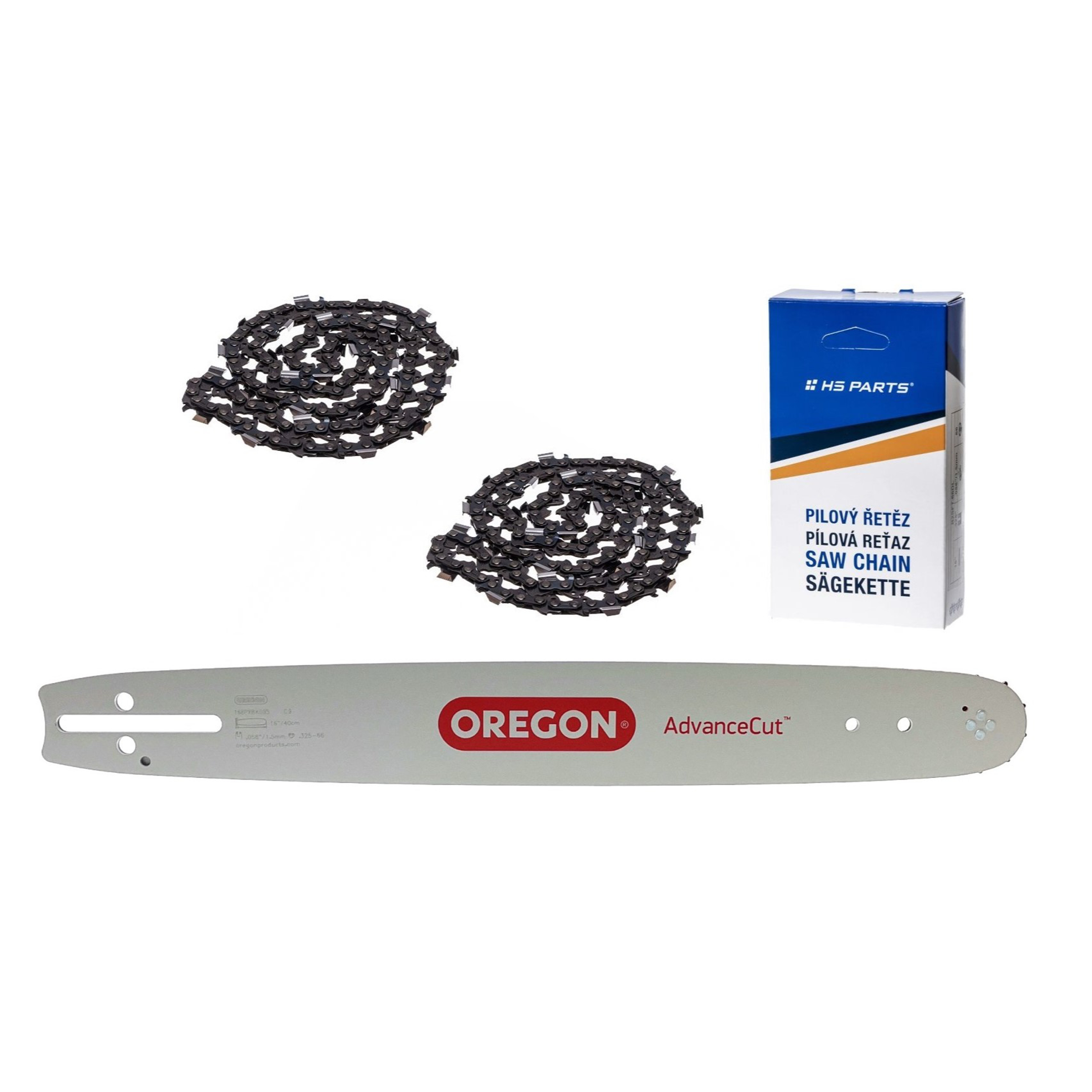 Oregon vodící lišta 168PXBK095 16" (40 cm) .325" .058" (1,5 mm) + 2 x HS PARTS pilový řetěz 66 článků hranatý zub pro Husqvarna 36 45 55 136 154 254 257 262 345 346 357 435 445 460 Jonsered 2054 2152 2155 CS2149W Dolmar 109 111 112 116