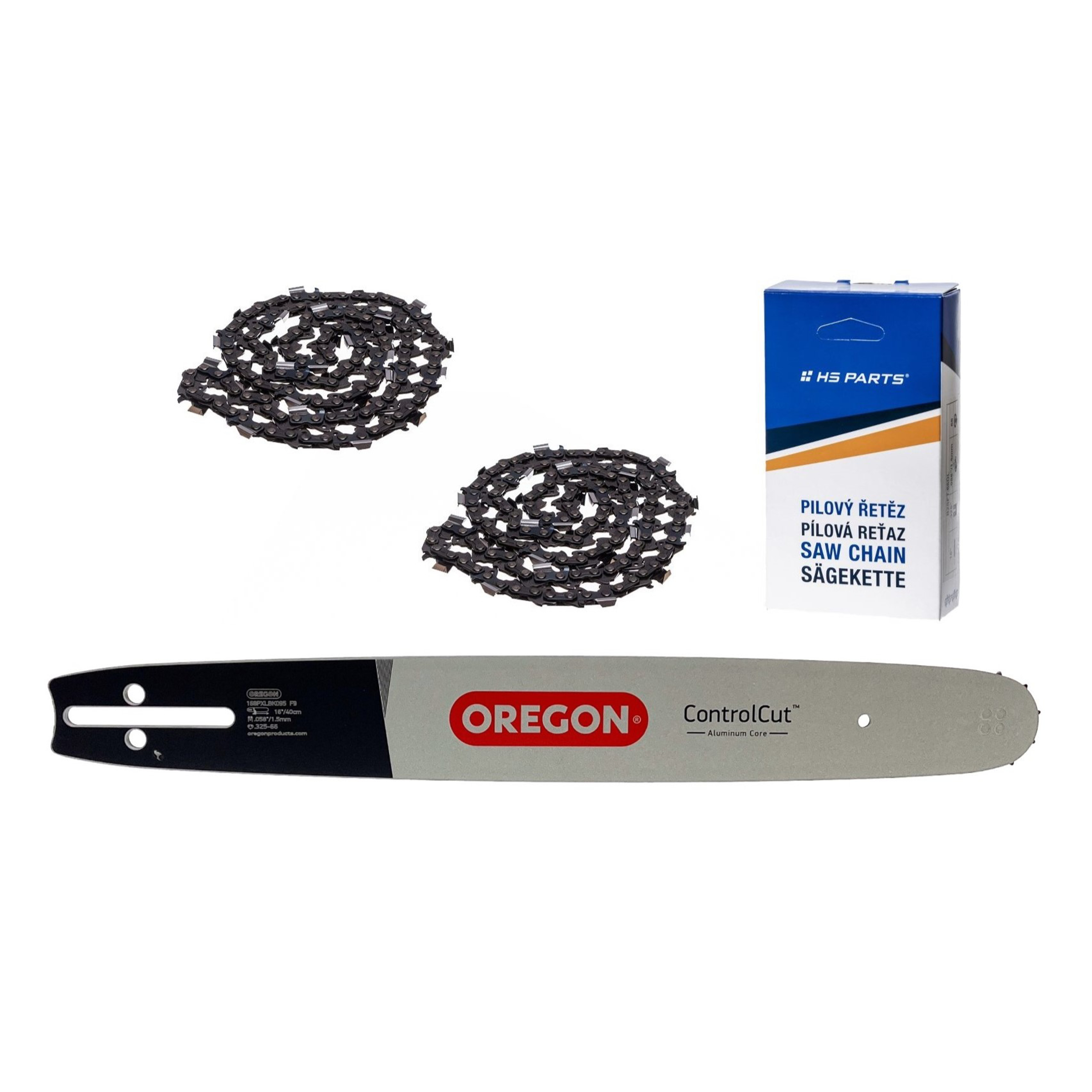 Oregon vodící lišta 168PXLBK095 16" (40 cm) .325" .058" (1,5 mm) + 2 x HS PARTS pilový řetěz 66 článků hranatý zub pro Husqvarna 36 45 55 136 154 254 257 262 345 346 357 435 445 460 Jonsered 2054 2152 2155 CS2149W Dolmar 109 111 112 116