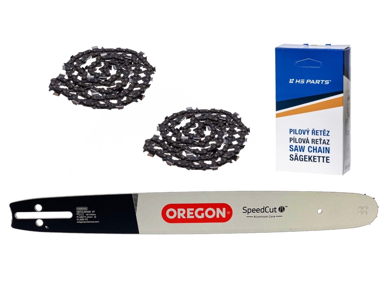 Oregon vodící lišta 180TXLBK095 18" (45 cm) .325" .050" (1,3 mm) + 2 x HS PARTS pilový řetěz 72 článků hranatý zub pro Husqvarna 36 45 55 136 154 254 257 262 345 346 357 435 445 460 Jonsered 2054 2152 2155 CS2149W Dolmar 109 111 112 116
