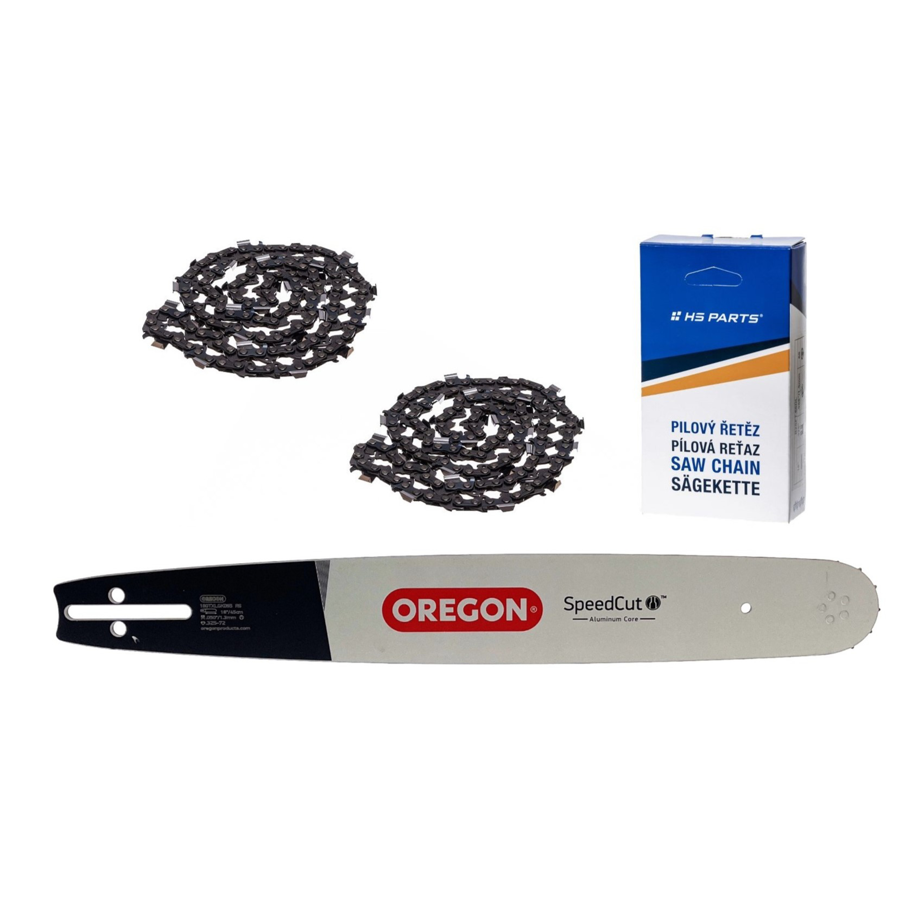 Oregon vodící lišta 180TXLGK095 18" (45 cm) .325" .050" (1,3 mm) + 2 x HS PARTS pilový řetěz 72 článků hranatý zub pro Husqvarna 40 45 51 55 261 345 346 357 359 445 450 550 560