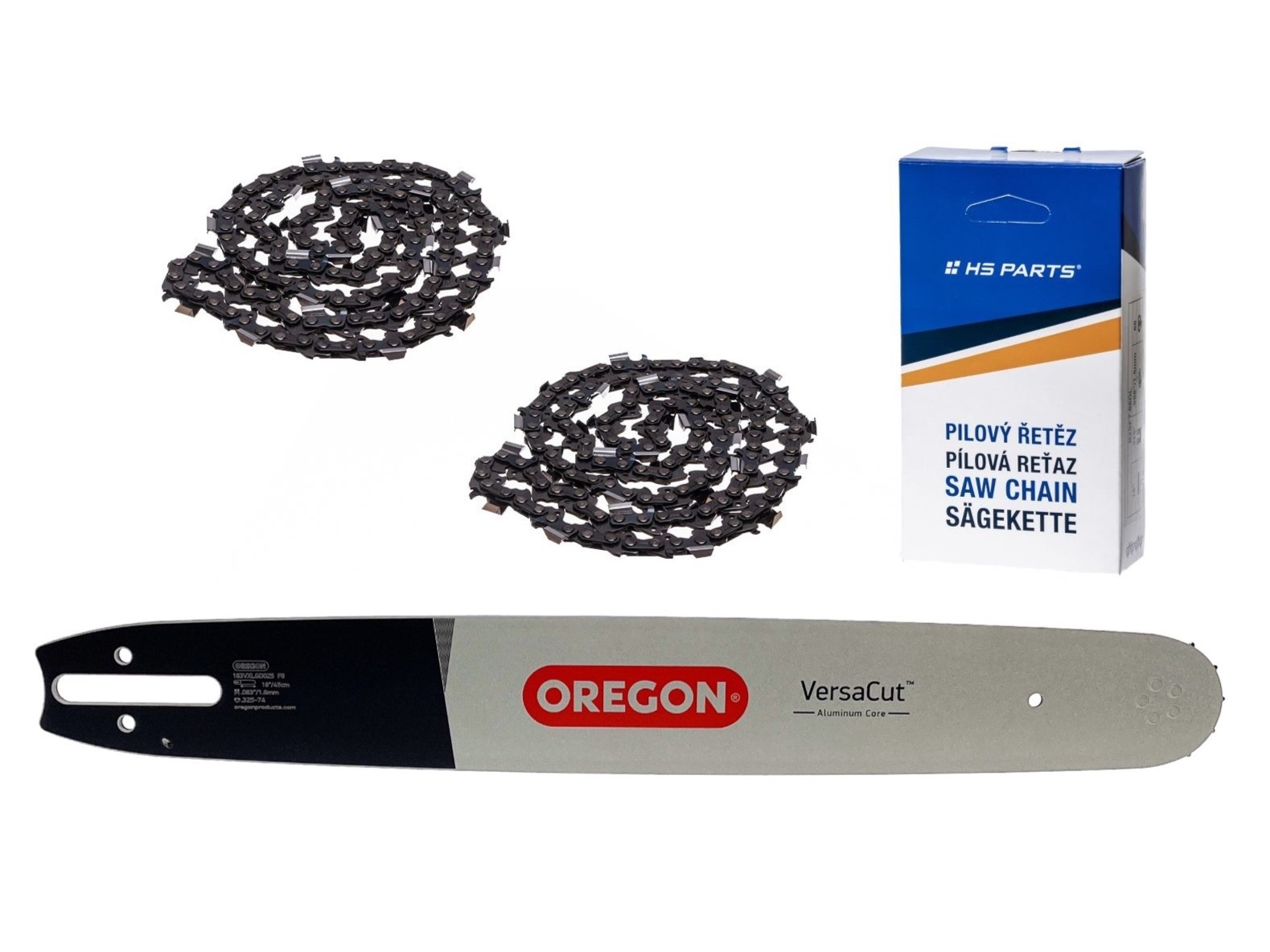 Oregon vodící lišta 183VXLGD025 18" (45 cm) .325" .063" (1,6 mm) + 2 x HS PARTS pilový řetěz 74 článků hranatý zub pro Stihl 024 026 028 030 031 032 034 036 MS240 MS260 MS261 MS270 MS280 MS290 MS310 MS390