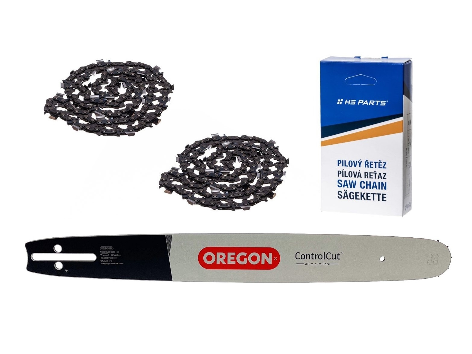 Oregon vodící lišta 188PXLBK095 18" (45 cm) .325" .058" (1,5 mm) + 2 x HS PARTS pilový řetěz 72 článků hranatý zub pro Husqvarna 36 45 55 136 154 254 257 262 345 346 357 435 445 460 Jonsered 2054 2152 2155 CS2149W Dolmar 109 111 112 116