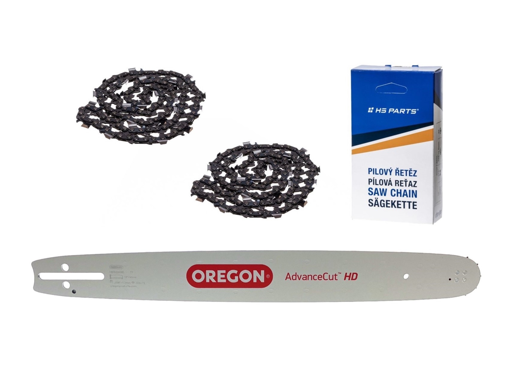Oregon vodící lišta 188SLBK095 18" (45 cm) .325" .058" (1,5 mm) + 2 x HS PARTS pilový řetěz 72 článků hranatý zub pro Husqvarna 36 45 55 136 154 254 257 262 345 346 357 435 445 460 Jonsered 2054 2152 2155 CS2149W Dolmar 109 111 112 116