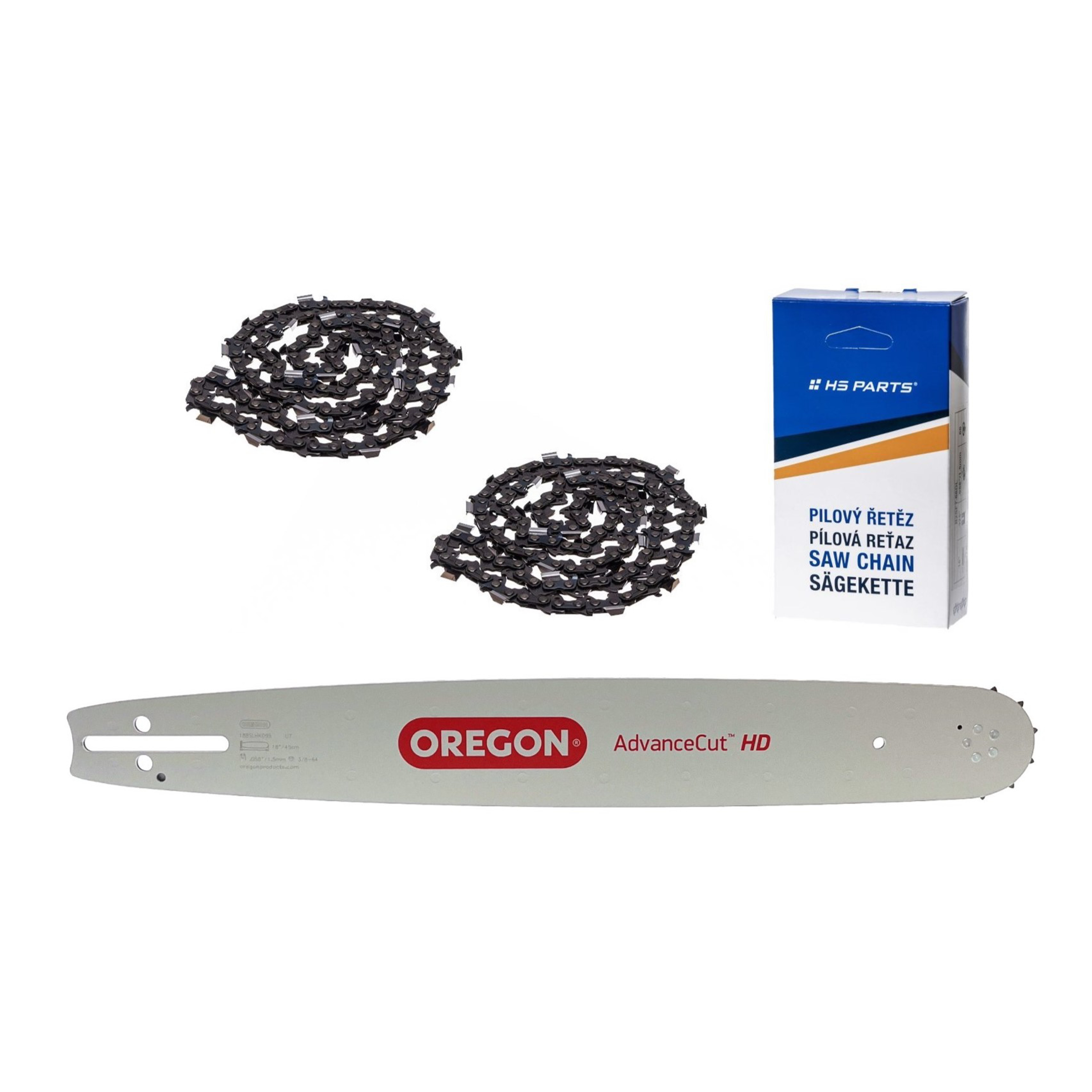 Oregon vodící lišta 188SLHK095 18" (45 cm) 3/8" .058" (1,5 mm) + 2 x HS PARTS pilový řetěz 64 článků hranatý zub pro Husqvarna 36 45 55 136 154 254 257 262 345 346 357 435 445 460 Jonsered 2054 2152 2155 CS2149W Dolmar 109 111 112 116