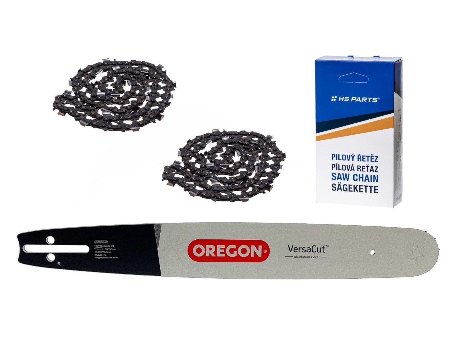 Oregon vodící lišta 188VXLGK095 18" (45 cm) .325" .058" (1,5 mm) + 2 x HS PARTS pilový řetěz 72 článků hranatý zub pro Husqvarna 36 45 55 136 154 254 257 262 345 346 357 435 445 460 Jonsered 2054 2152 2155 CS2149W Dolmar 109 111 112 116