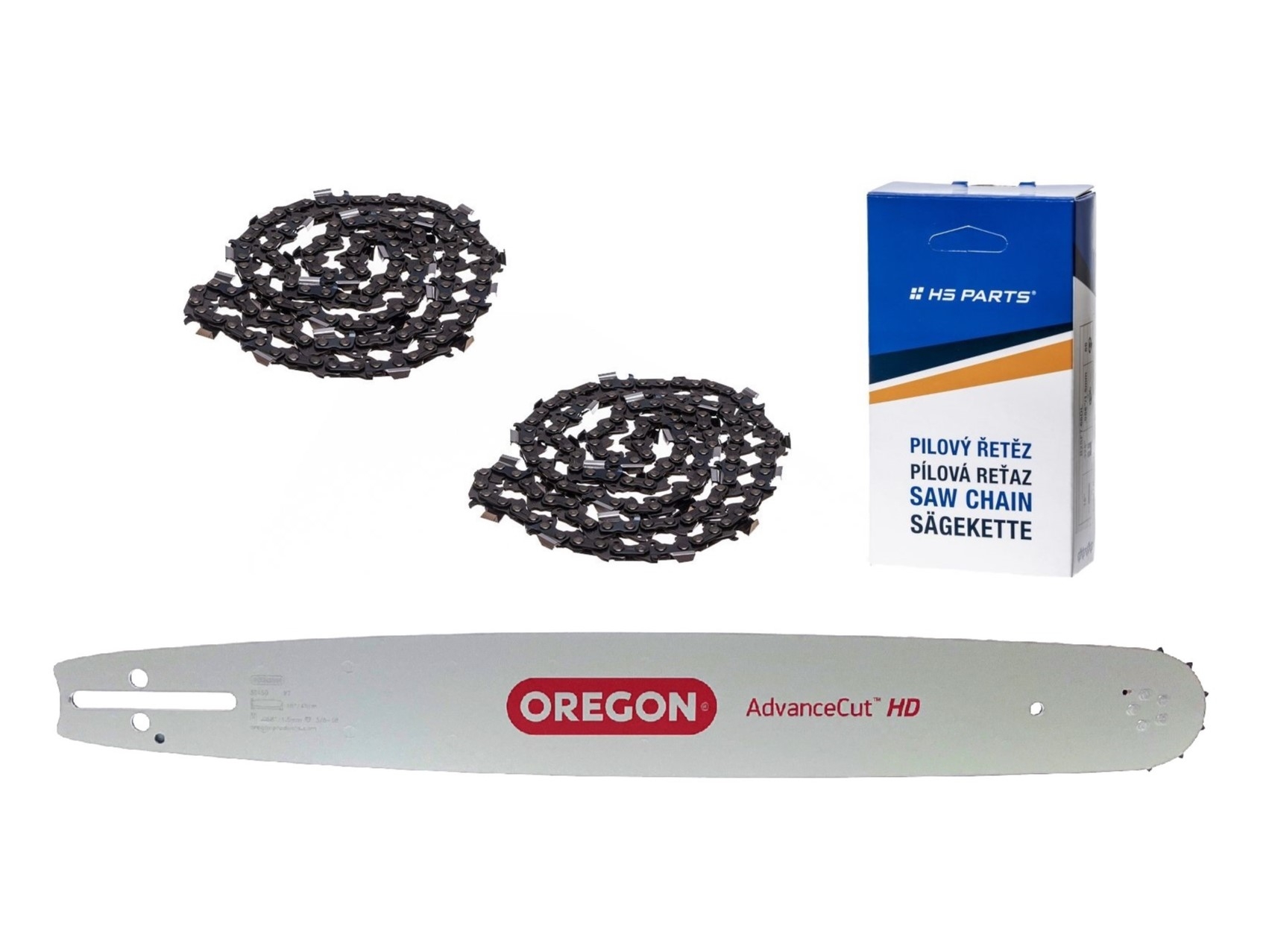 Oregon vodící lišta 39450 18" (45 cm) 3/8" .058" (1,5 mm) + 2 x HS PARTS pilový řetěz 68 článků hranatý zub pro Husqvarna 36 45 55 136 154 254 257 262 345 346 357 435 445 460 Jonsered 2054 2155 CS2149W Solo 647 656 654 Oleomac 962