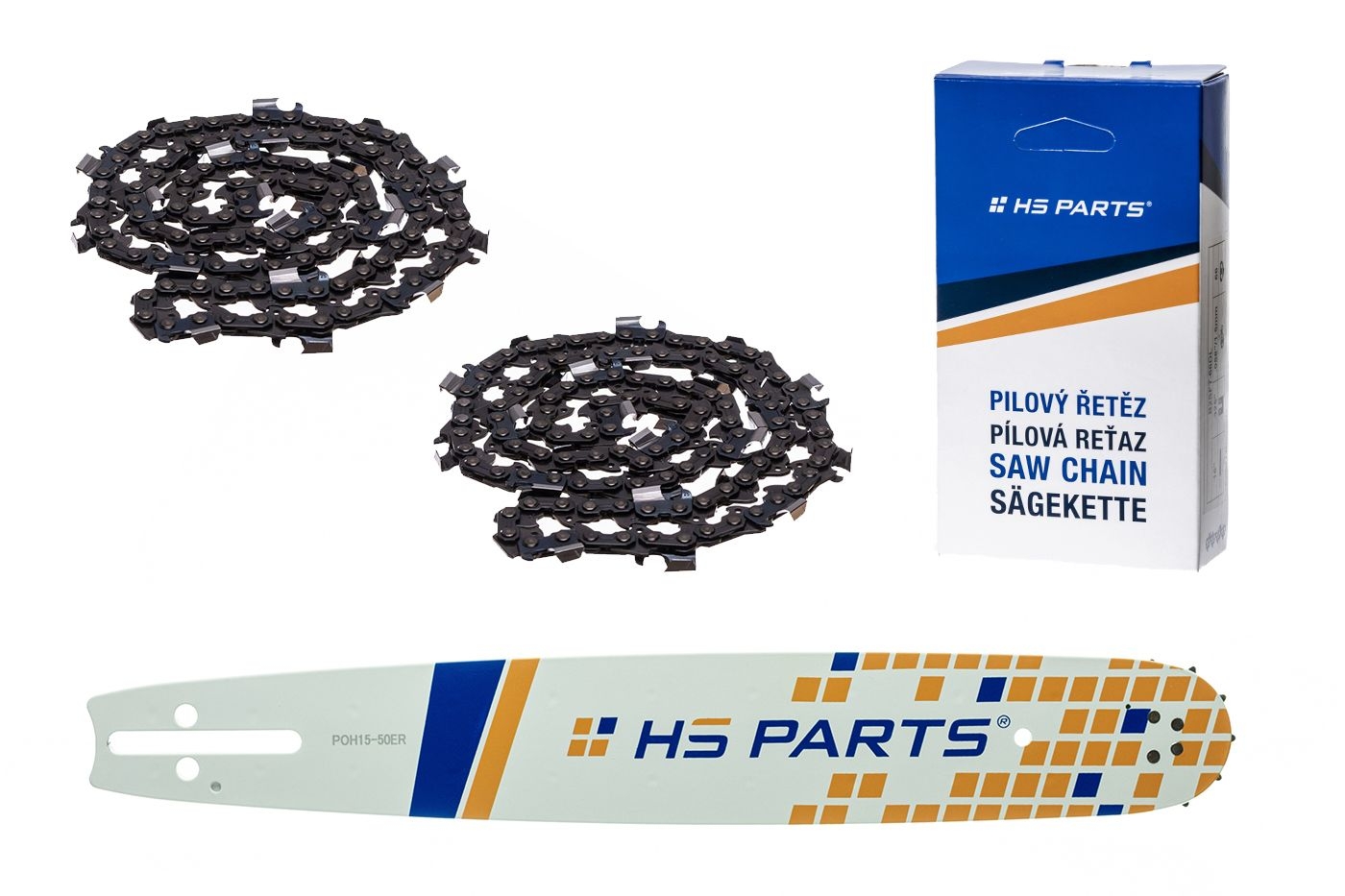 HS PARTS vodící lišta 15" (38 cm) 3/8" .058" (1,5 mm) + 2 x pilový řetěz 56 článků hranatý zub pro Husqvarna 246 254 262 345 357 455 460 555 560 Jonsered 2054 CS2260 Dolmar 111 112 115 PS540 Solo 613 614 650 Oleomac 162 956 962