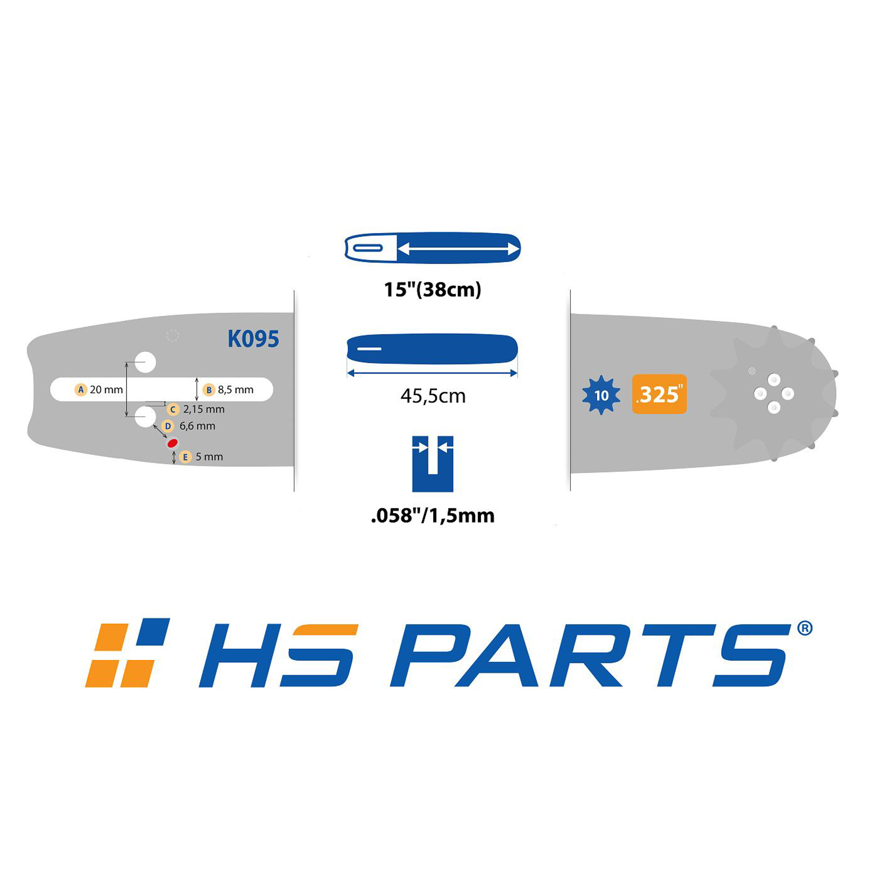 HS PARTS vodící lišta 15" (38 cm) .325" .058" (1,5 mm) + 2 x pilový řetěz 64 článků hranatý zub pro Husqvarna 36 45 55 136 154 254 257 262 345 346 357 435 445 460 Jonsered 2054 2152 2155 CS2149W Dolmar 109 111 116 Oleomac 947 952 962