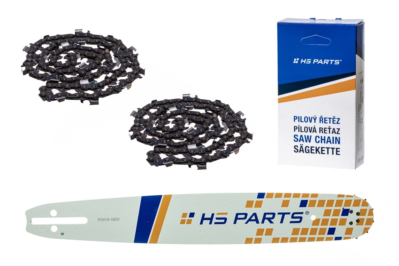 HS PARTS vodící lišta 16" (40 cm) 3/8" .058" (1,5 mm) + 2 x pilový řetěz 60 článků hranatý zub pro Husqvarna 246 254 262 345 357 455 460 555 560 Jonsered 2054 CS2260 Dolmar 111 112 115 PS540 Solo 613 614 650 Oleomac 162 956 962