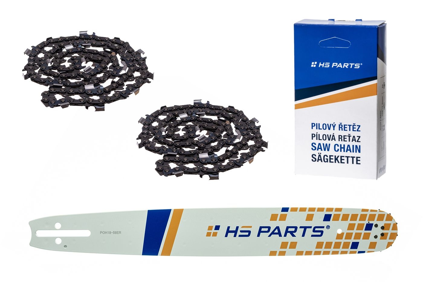 HS PARTS vodící lišta 18" (45 cm) 3/8" .058" (1,5 mm) + 2 x pilový řetěz 64 článků hranatý zub pro Husqvarna 246 254 262 345 357 455 460 555 560 Jonsered 2054 CS2260 Dolmar 111 112 115 PS540 Solo 613 614 650 Oleomac 162 956 962