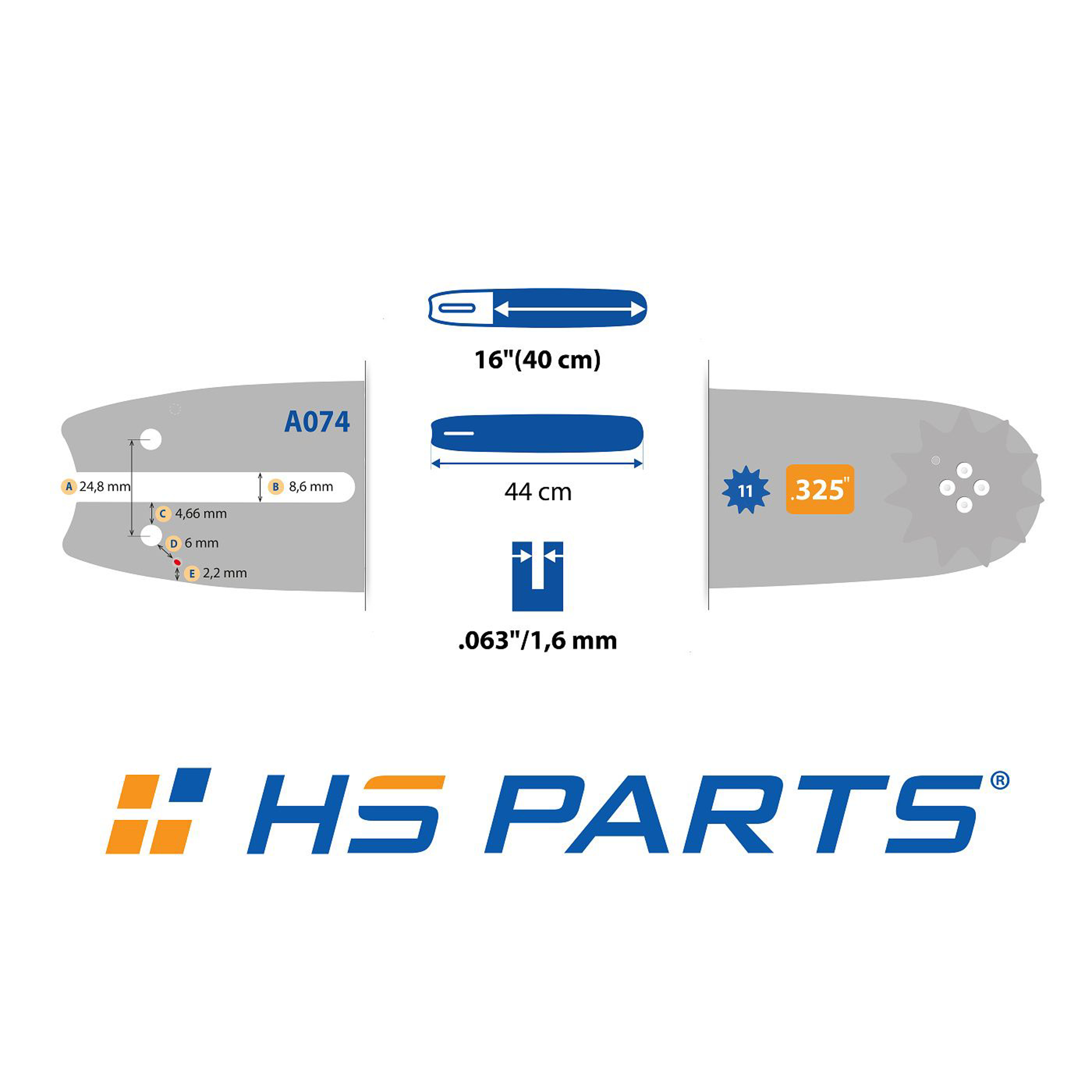 HS PARTS vodící lišta 16" (40 cm) .325" .063" (1,6 mm) + 2 x pilový řetěz 62 článků hranatý zub pro Stihl 021 023 025 MS210 MS230 MS231 MS241 MS250 MS251