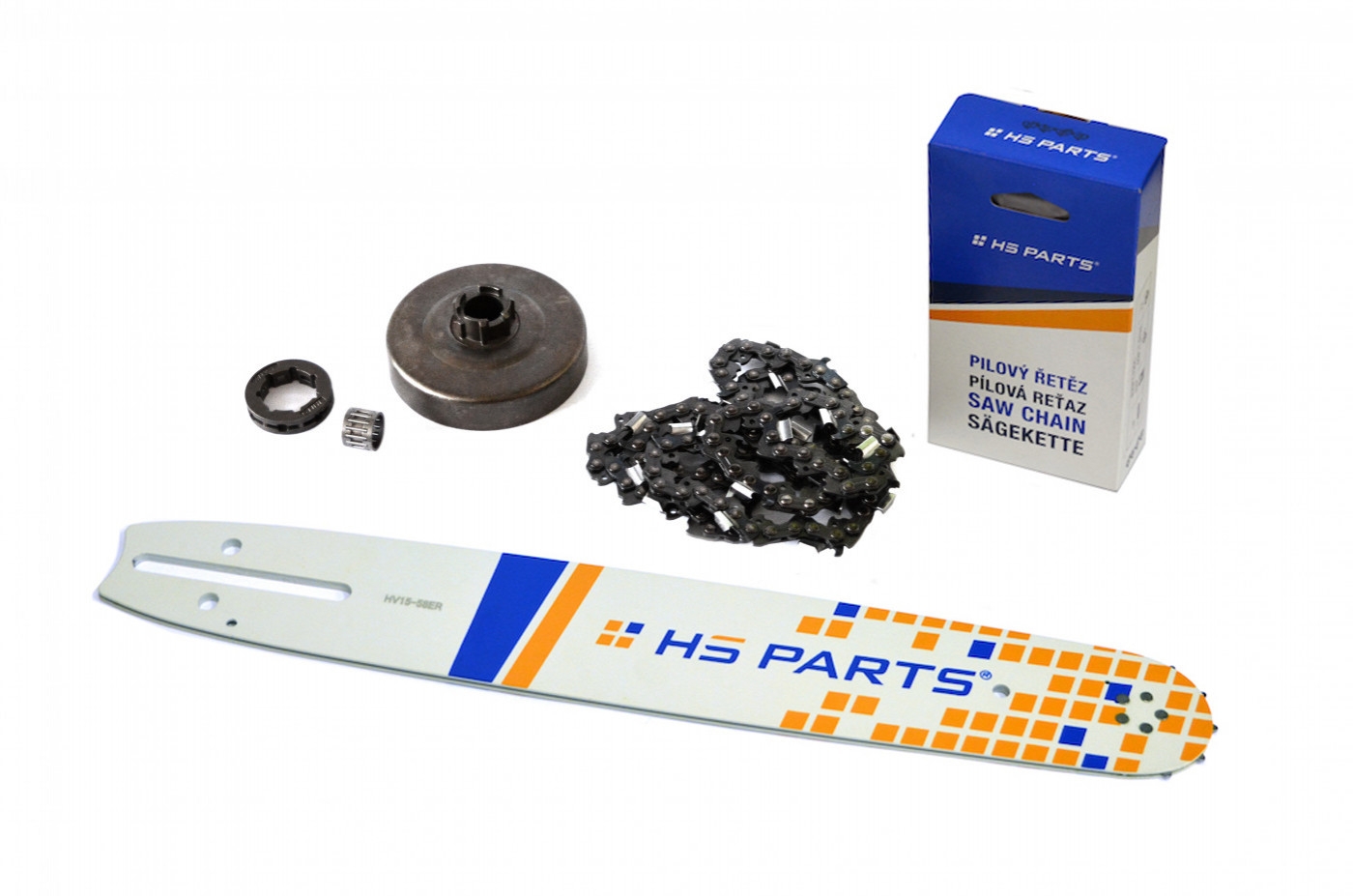 HS PARTS vodící lišta 15" (38cm) 3/8".058" (1,5 mm) + pilový řetěz 56 článků hranatý zub + řetězka Husqvarna 268 272XP