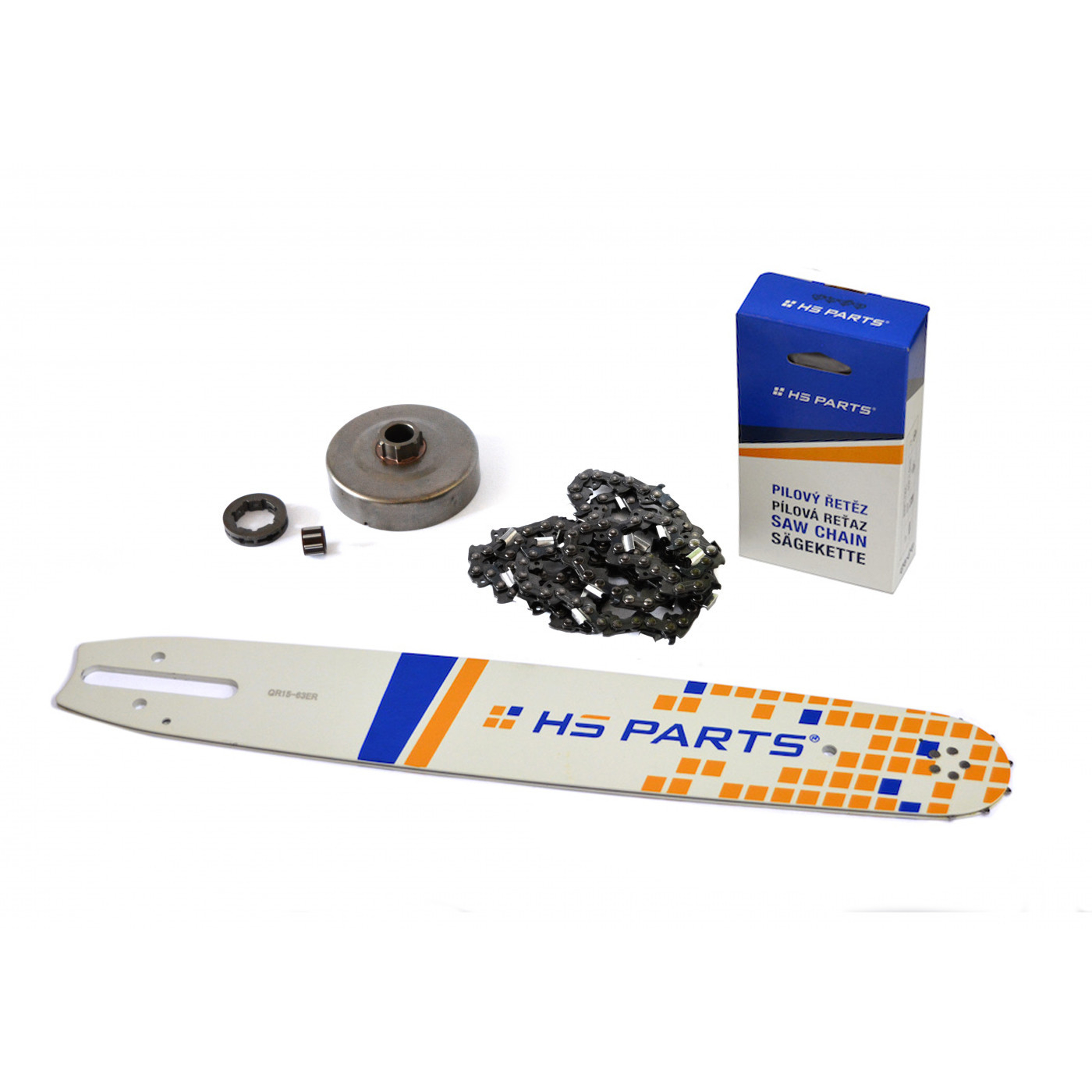 HS PARTS vodící lišta 15" (38 cm) 3/8" .063" (1,6 mm) + pilový řetěz 56 článků hranatý zub + řetězka pro Stihl 064 066 MS660