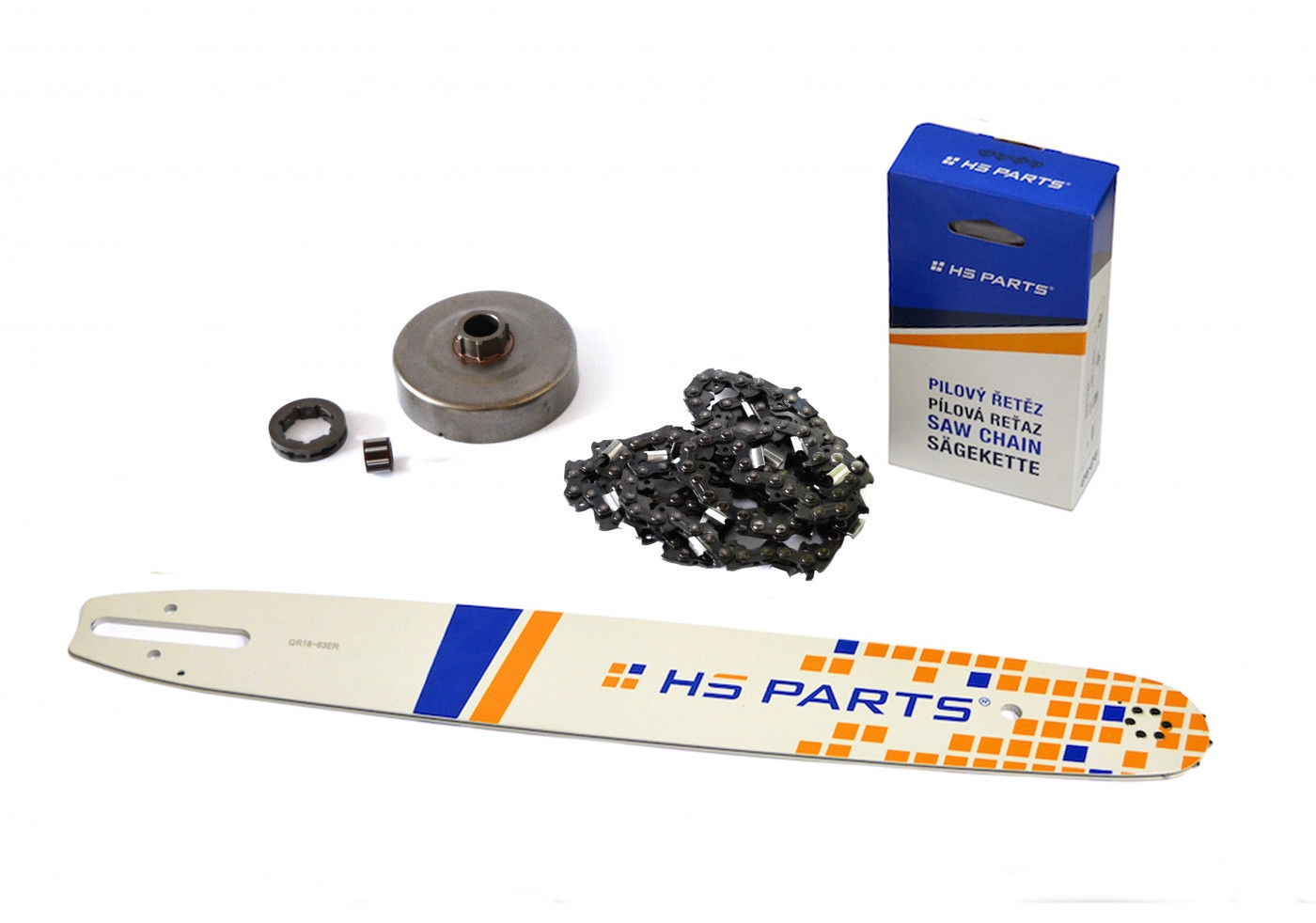 HS PARTS vodící lišta 18" (45 cm) 3/8" .063" (1,6 mm) + pilový řetěz 66 článků hranatý zub + řetězka pro Stihl 064 066 MS660