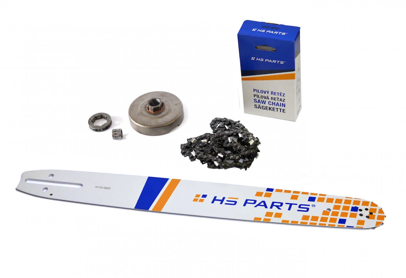 HS PARTS vodící lišta 18" (45cm) 3/8" .058" (1,5 mm) + pilový řetěz 68 článků hranatý zub + řetězka Husqvarna 362 365 371 372XP 365 X-TORQ Jonsered 2163 CS2165