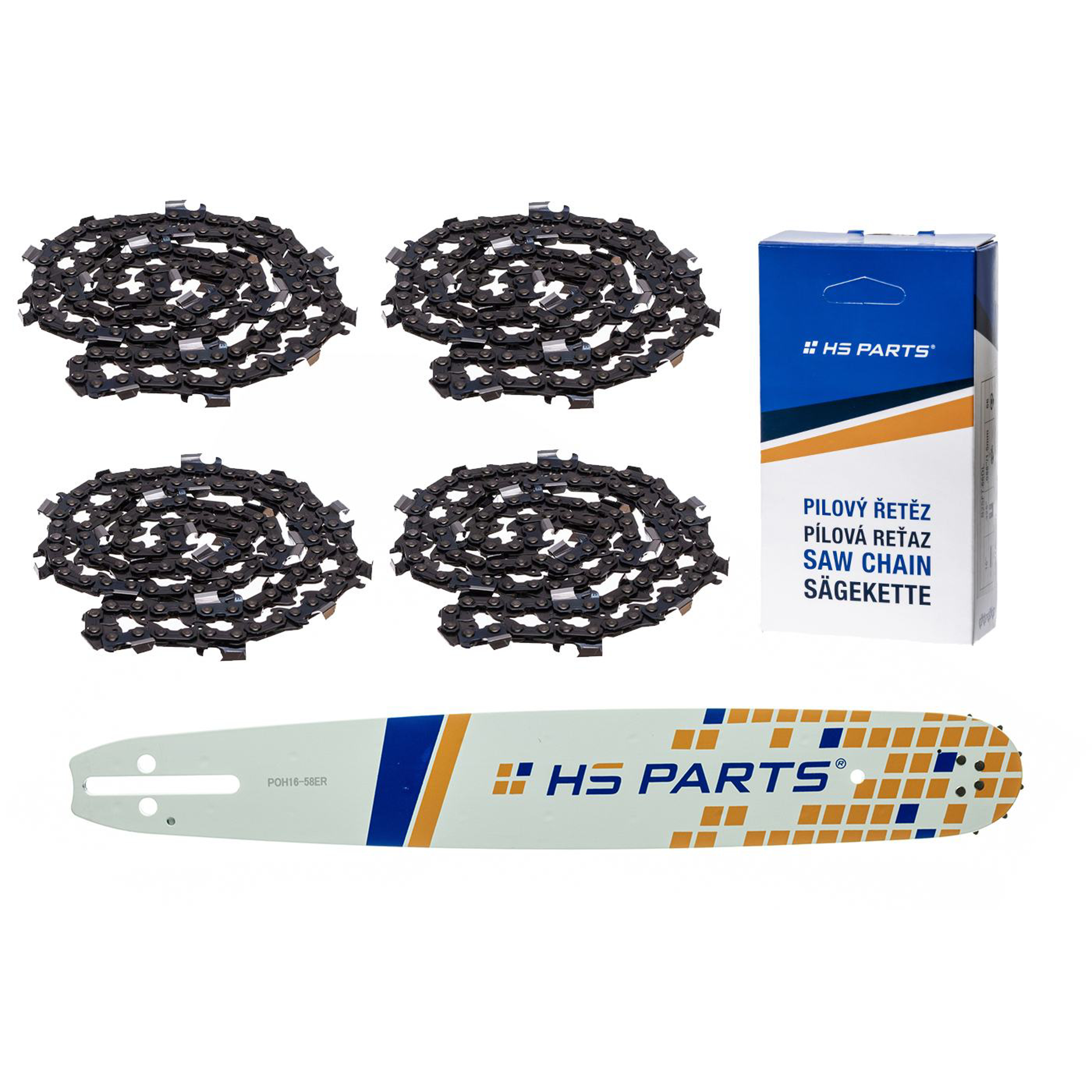 HS PARTS vodící lišta 16" (40 cm) 3/8" .058" (1,5 mm) + 4 x pilový řetěz 60 článků hranatý zub pro Husqvarna 246 254 262 345 357 455 460 555 560 Jonsered 2054 CS2260 Dolmar 111 112 115 PS540 Solo 613 614 650 Oleomac 162 956 962